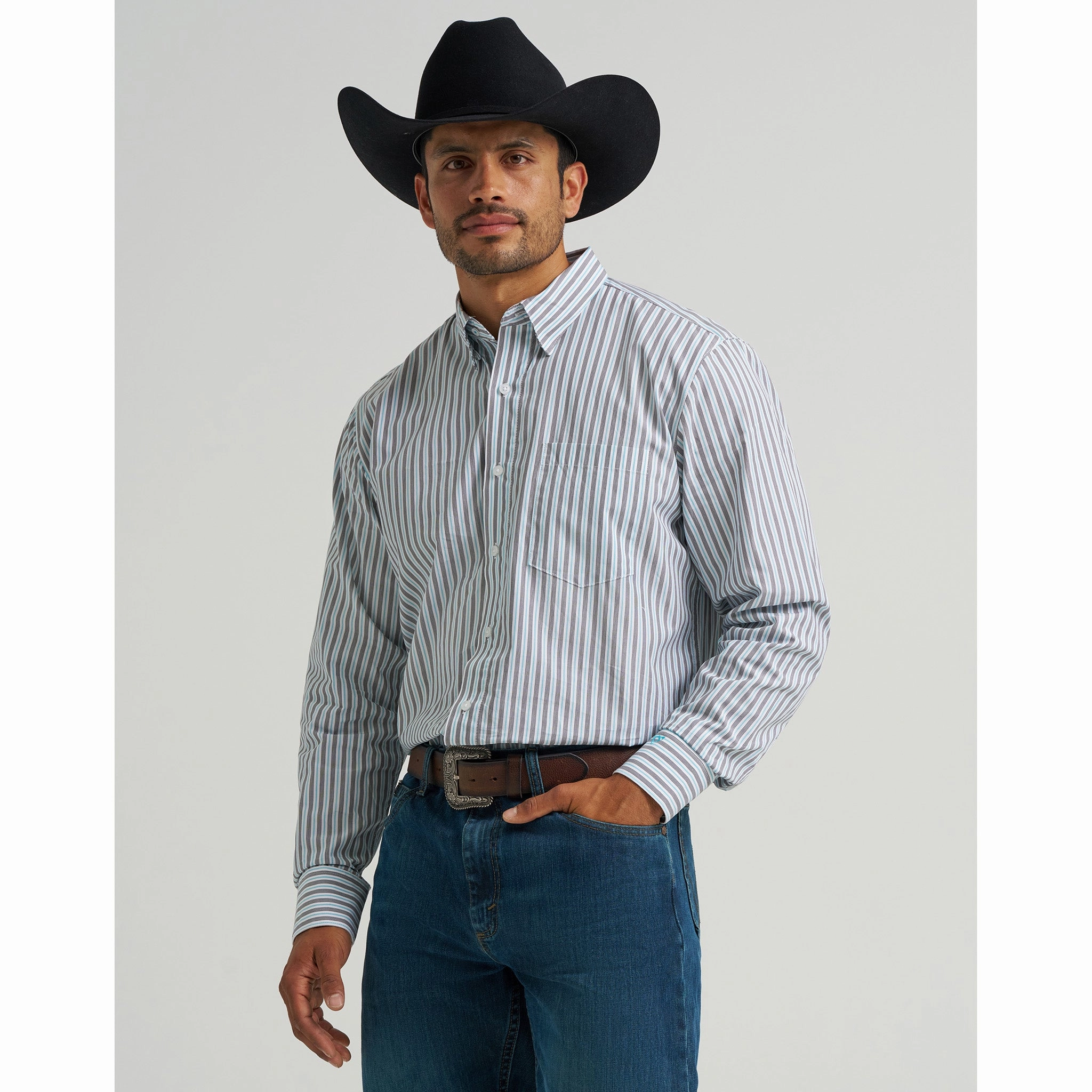 Wrangler Men's Cody Johnson Blue and Charcoal Striped Long Sleeve Shirt Minimalist Fit Comfort Fit