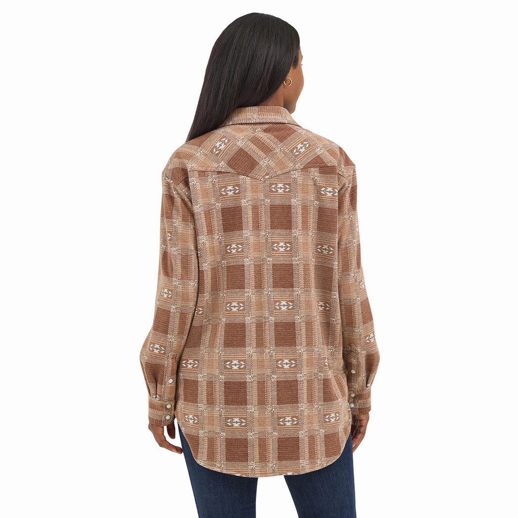 Wrangler Woman's Brown Americana Unlined Boyfriend Shacket Flexible Shoulder Gussets Lightweight Shell