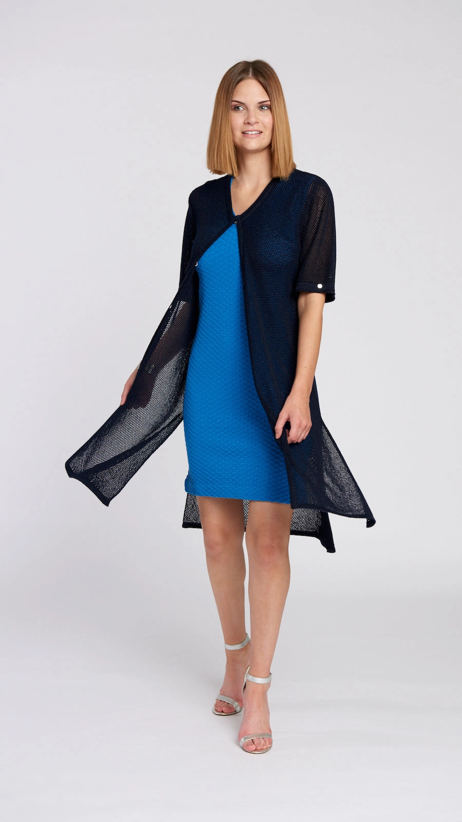 Sleek Performance Fit All Season Wear CONTEMPO Dahlia Mesh Long Cardigan - Shimmery Navy