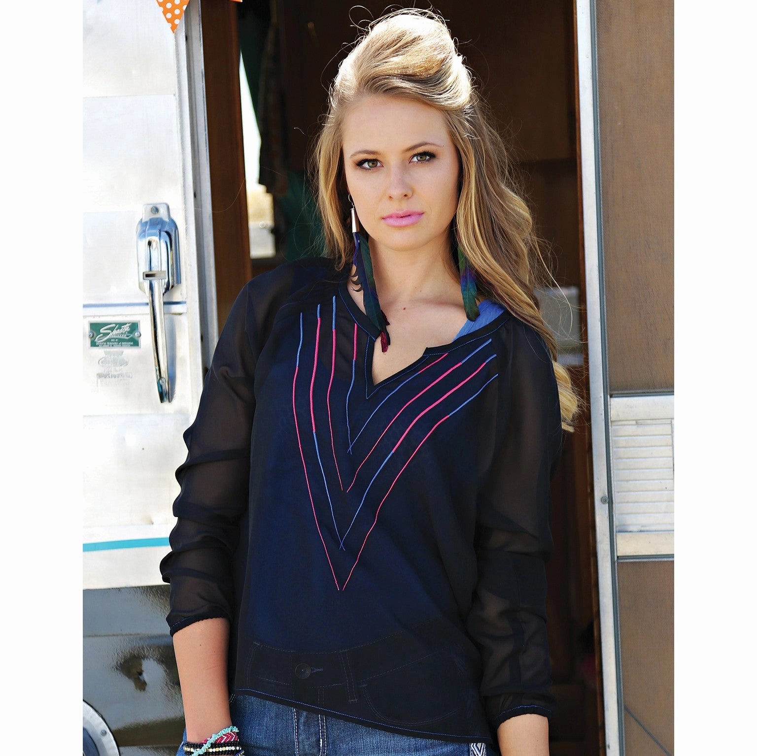 Cruel Girl Black V-Neck Sheer Blouse Light Deflection Fabric