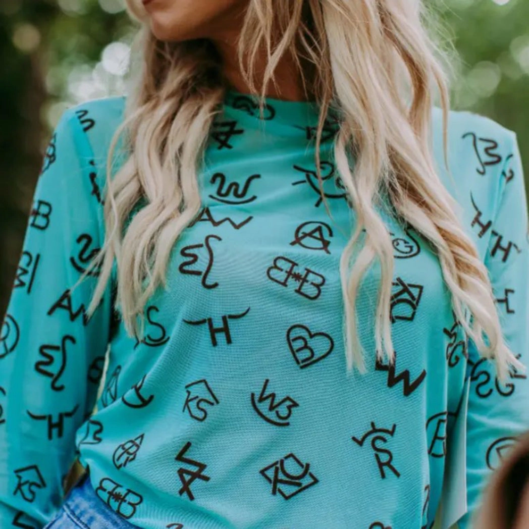 Double Stitched Hem Tear Resistant Weave Women's Turquoise & Chocolate Brands Mesh Long Sleeve