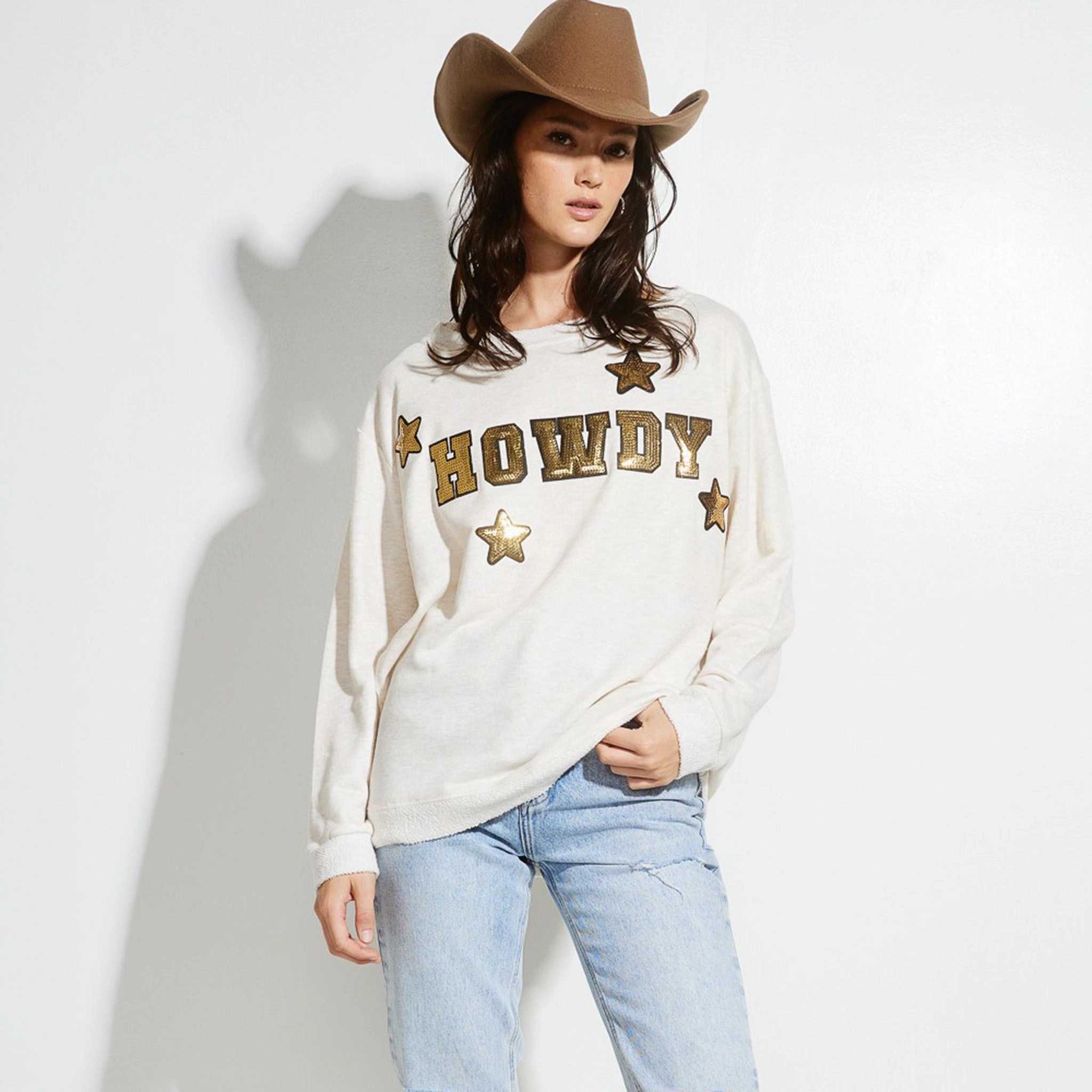 Wrinkle Resistant Treatment High Durability Material Phil Love Women's Oatmeal Howdy Sequin Long Sleeve