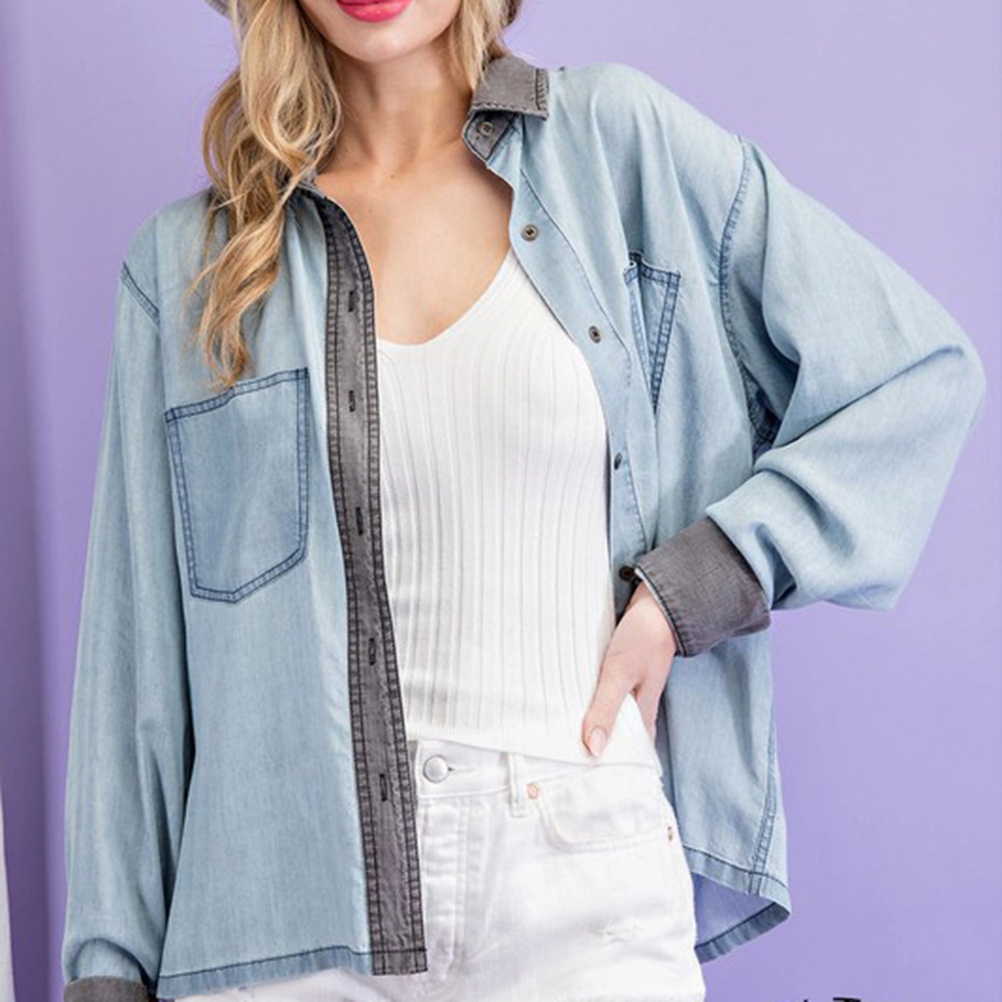 Chambray Contrast Button Down Shirt HighDensity Knit