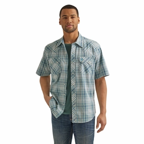 Unisex Choice Wrangler Men's Aqua Green Plaid Short Sleeve