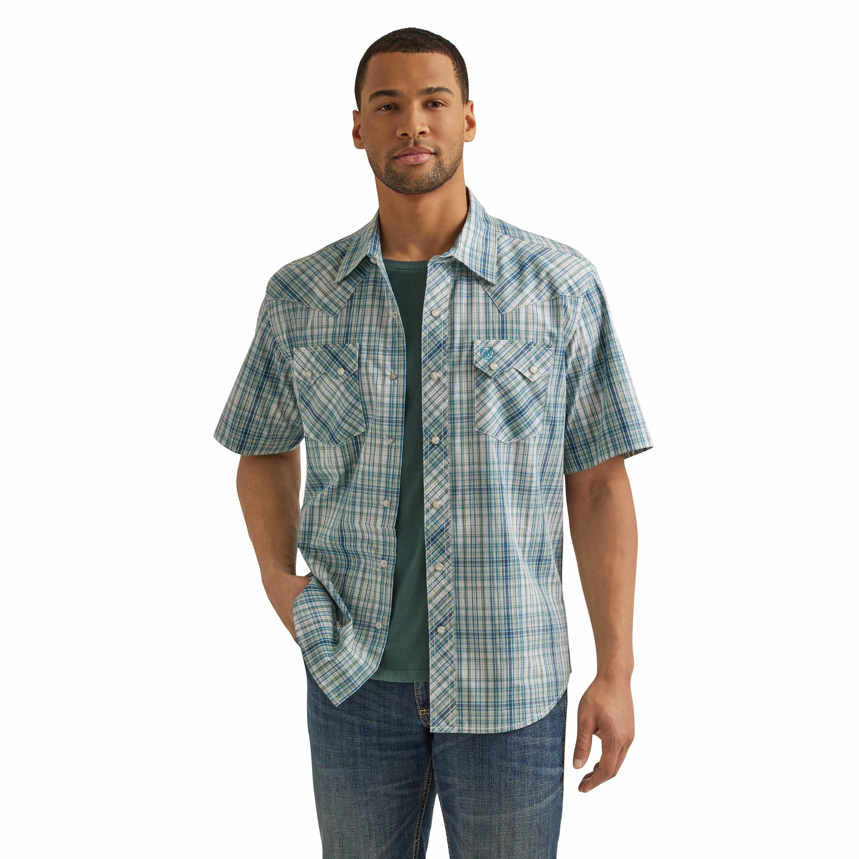Wrangler Men's Aqua Green Plaid Short Sleeve Moisture Wicking Material Vintage Style