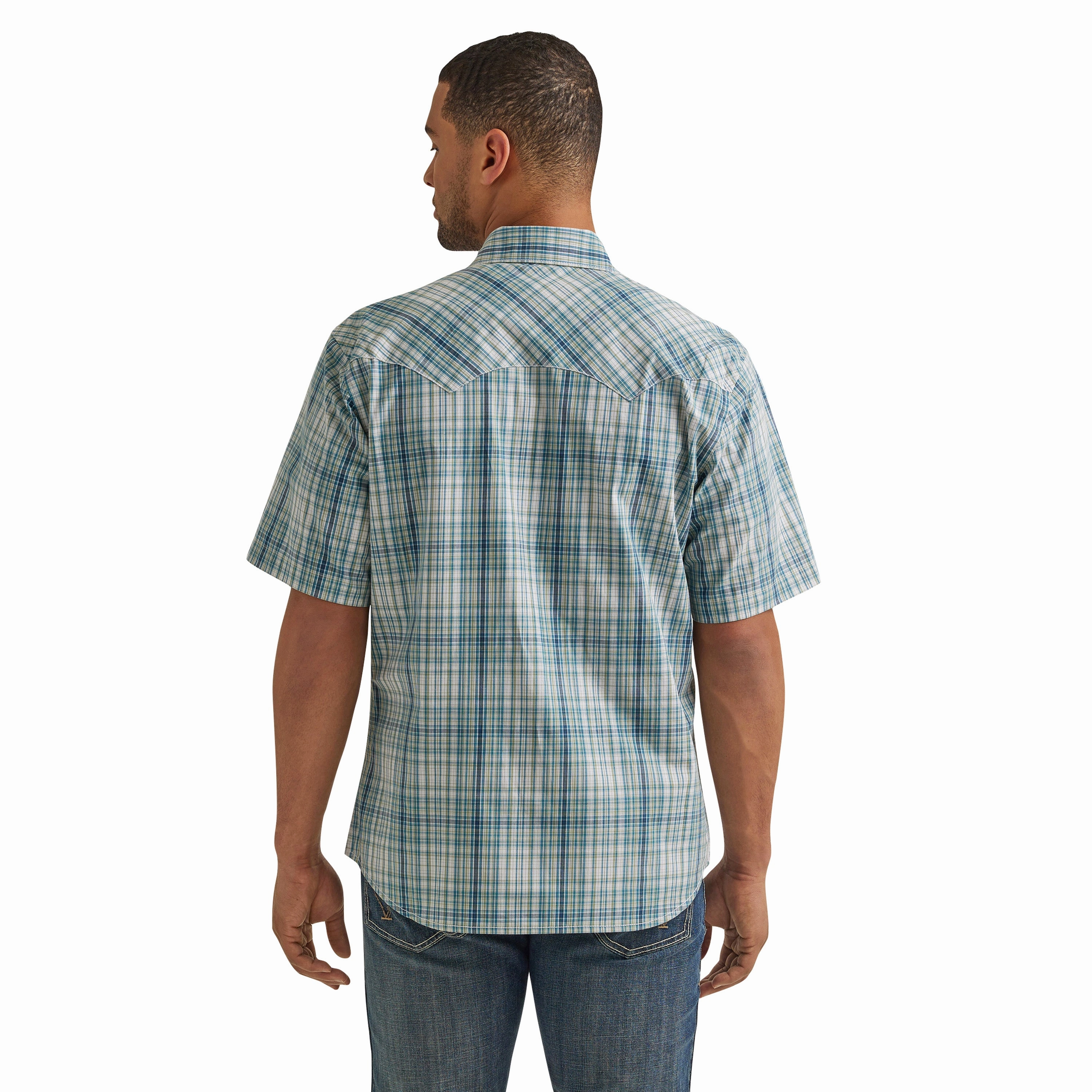 Vintage Wash Multipurpose Layering Fabric Wrangler Men's Aqua Green Plaid Short Sleeve