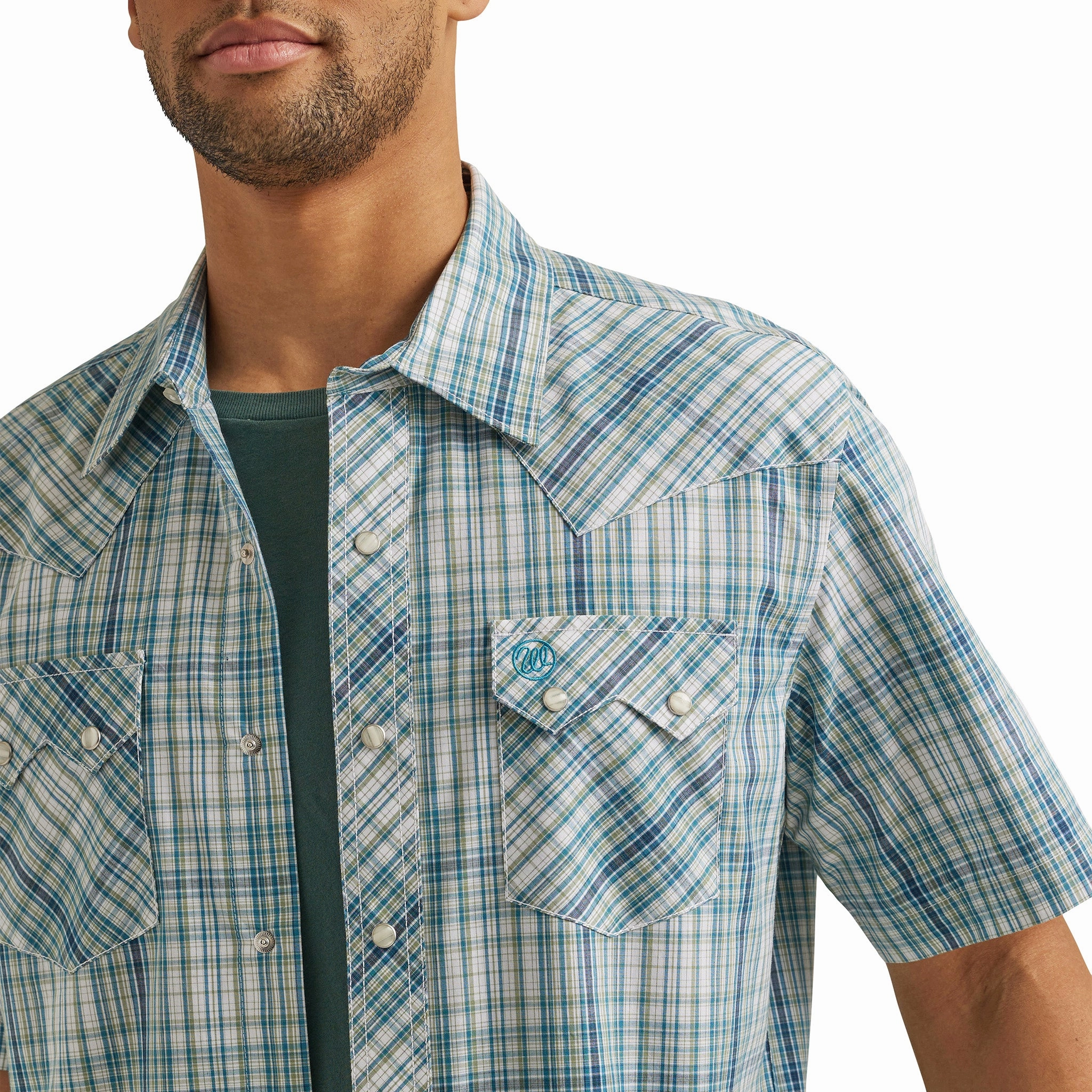 Wrangler Men's Aqua Green Plaid Short Sleeve Layered Design Cooling Mesh Lining