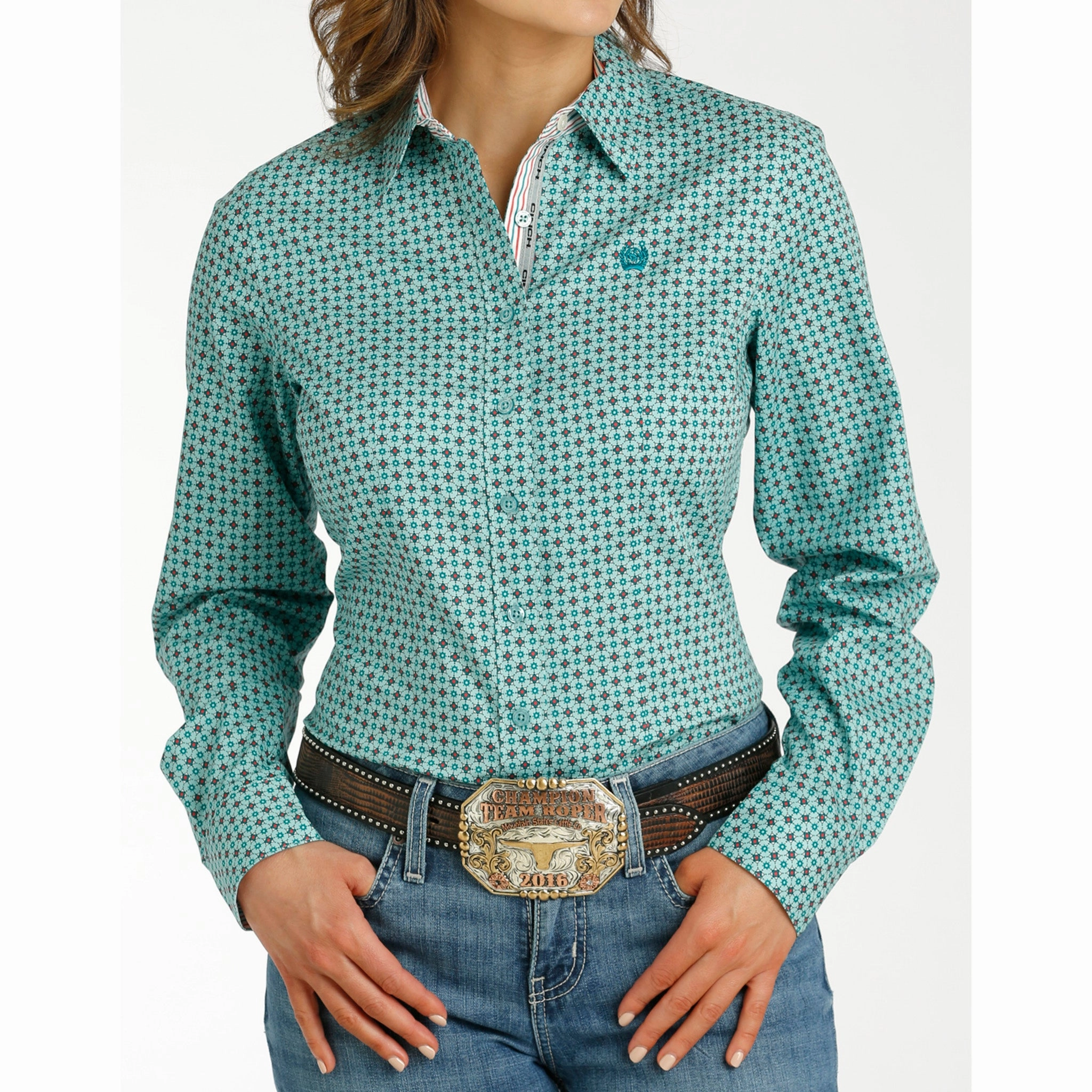 Cinch Women's Aqua Geo Print Long Sleeve Tapered Cut Elegant Look