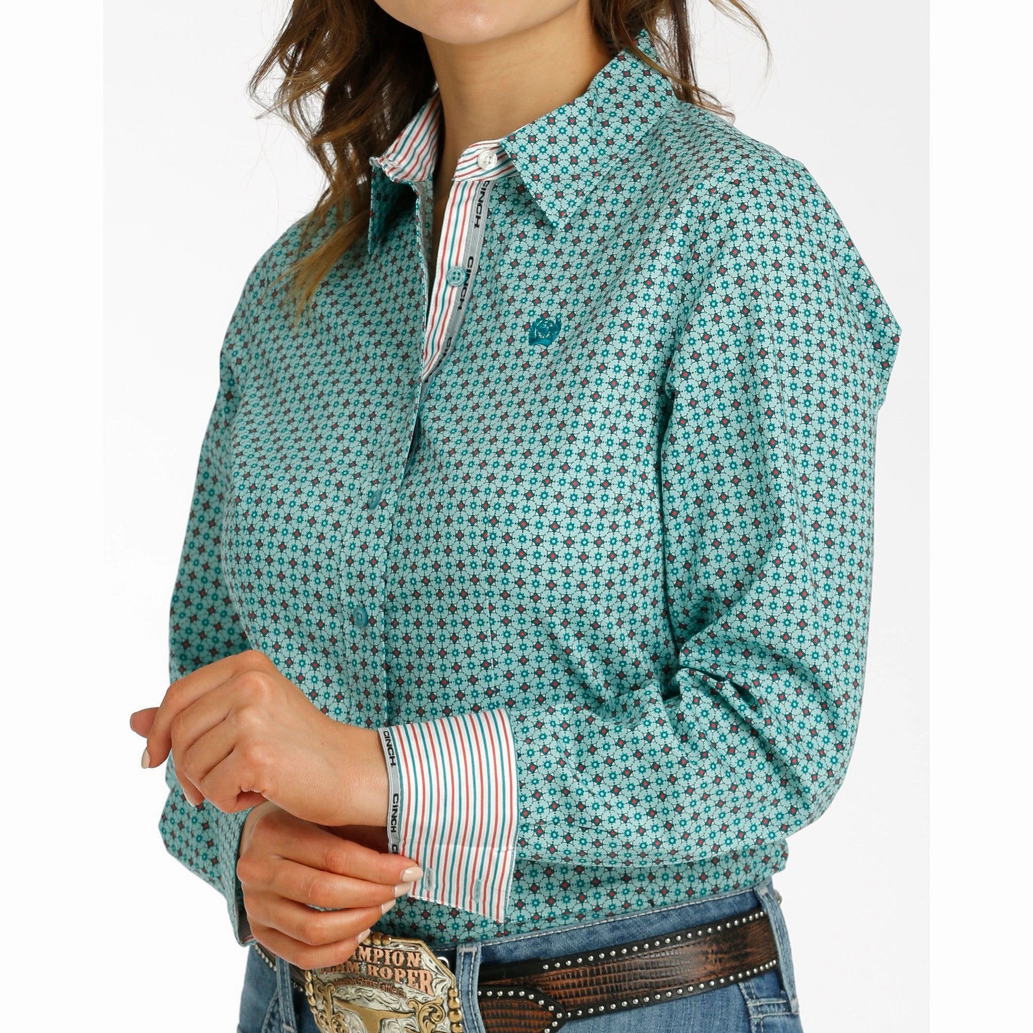 Fade Resistant Coating FadeResistant Treatment Cinch Women's Aqua Geo Print Long Sleeve