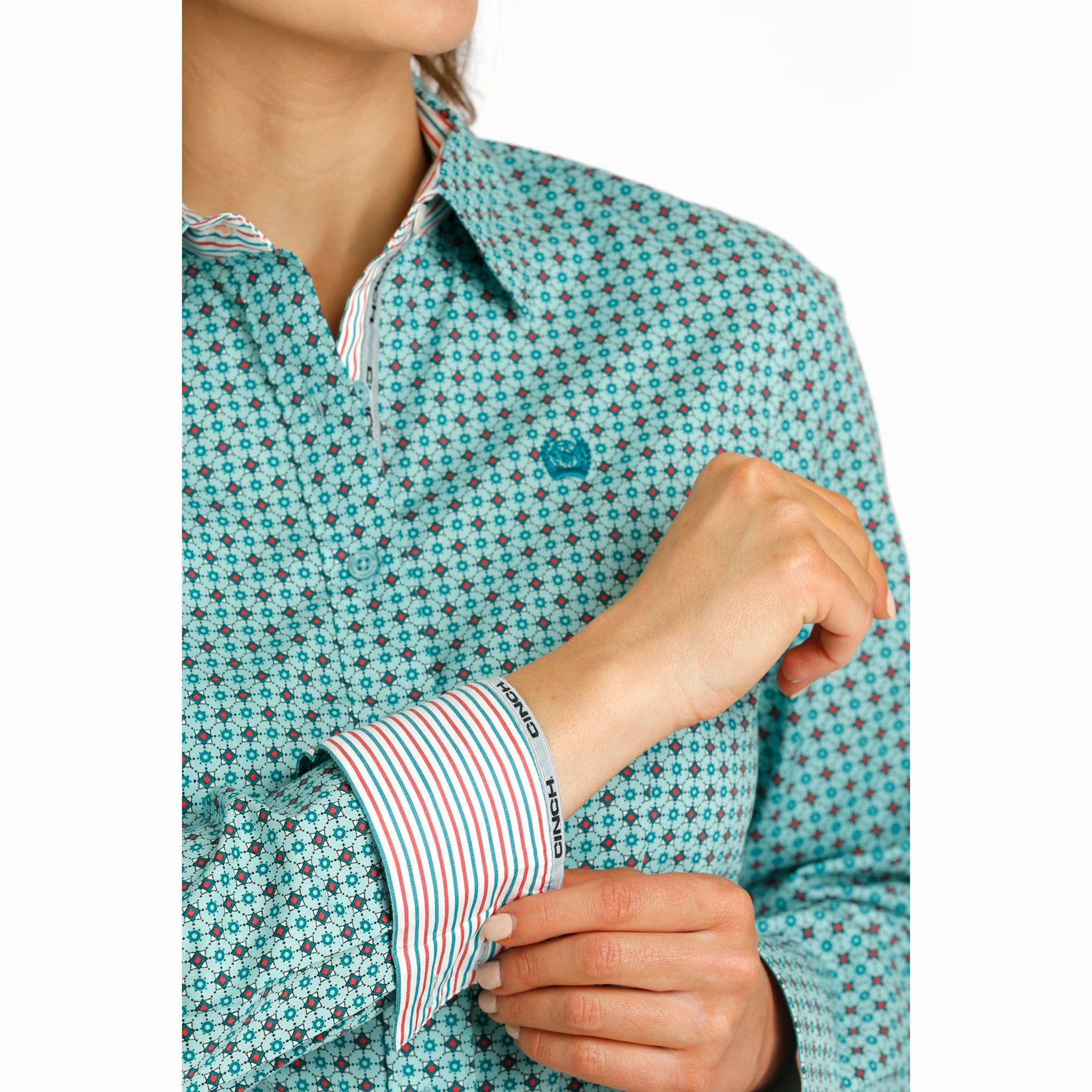 High Stretch Fabric Cinch Women's Aqua Geo Print Long Sleeve