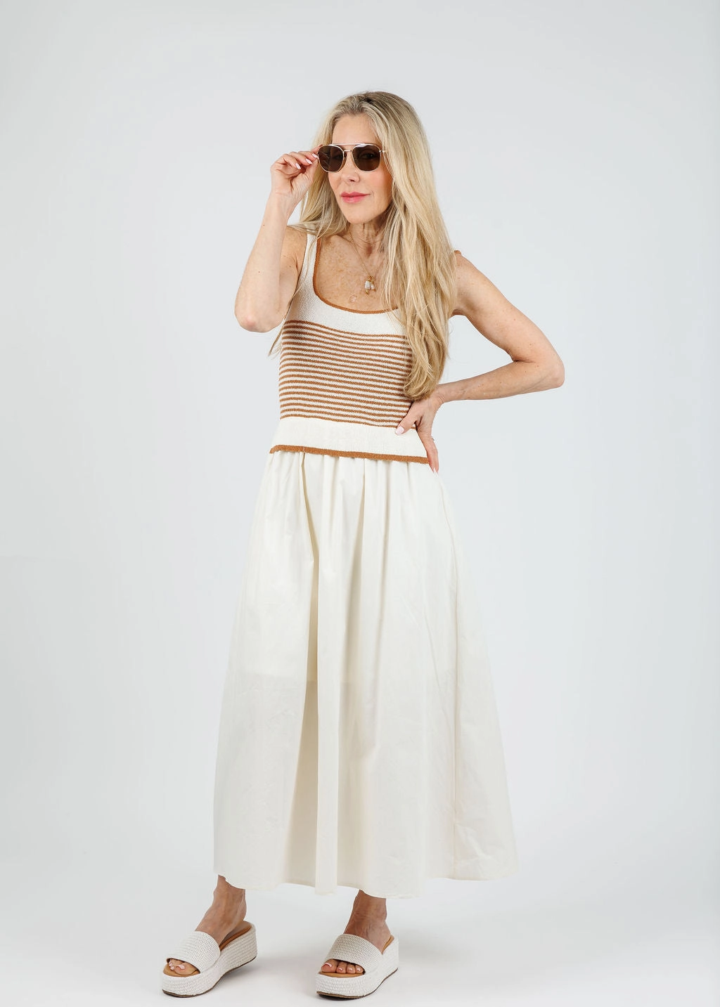 Chill Fit Cora Stripe Sweater Woven Skirt Dress - Cream Ergonomic Sleeve Engineering