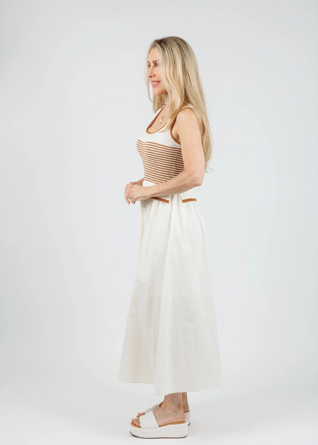 Cora Stripe Sweater Woven Skirt Dress - Cream Side-Pocket Modern and Feminine
