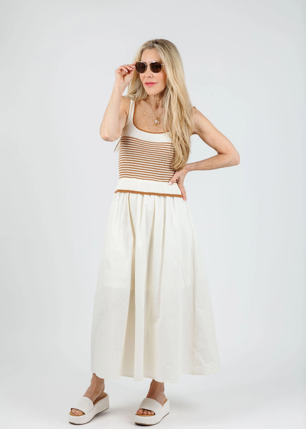 Luxe Comfort Chilly Wear Cora Stripe Sweater Woven Skirt Dress - Cream