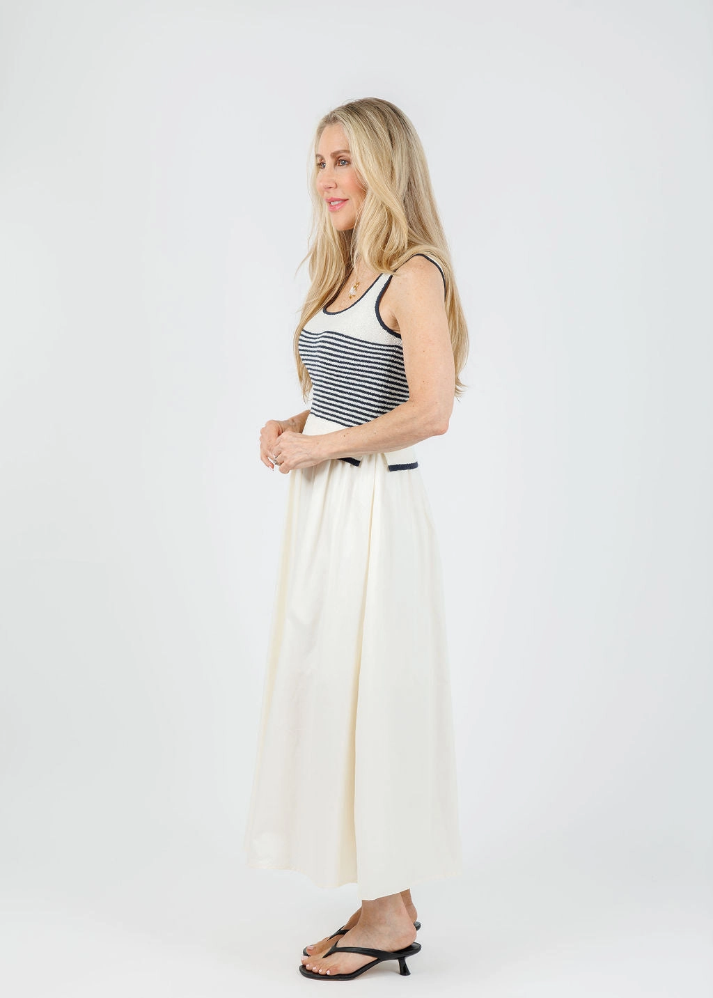 Gloss Finish Cora Stripe Sweater Woven Skirt Dress - Navy