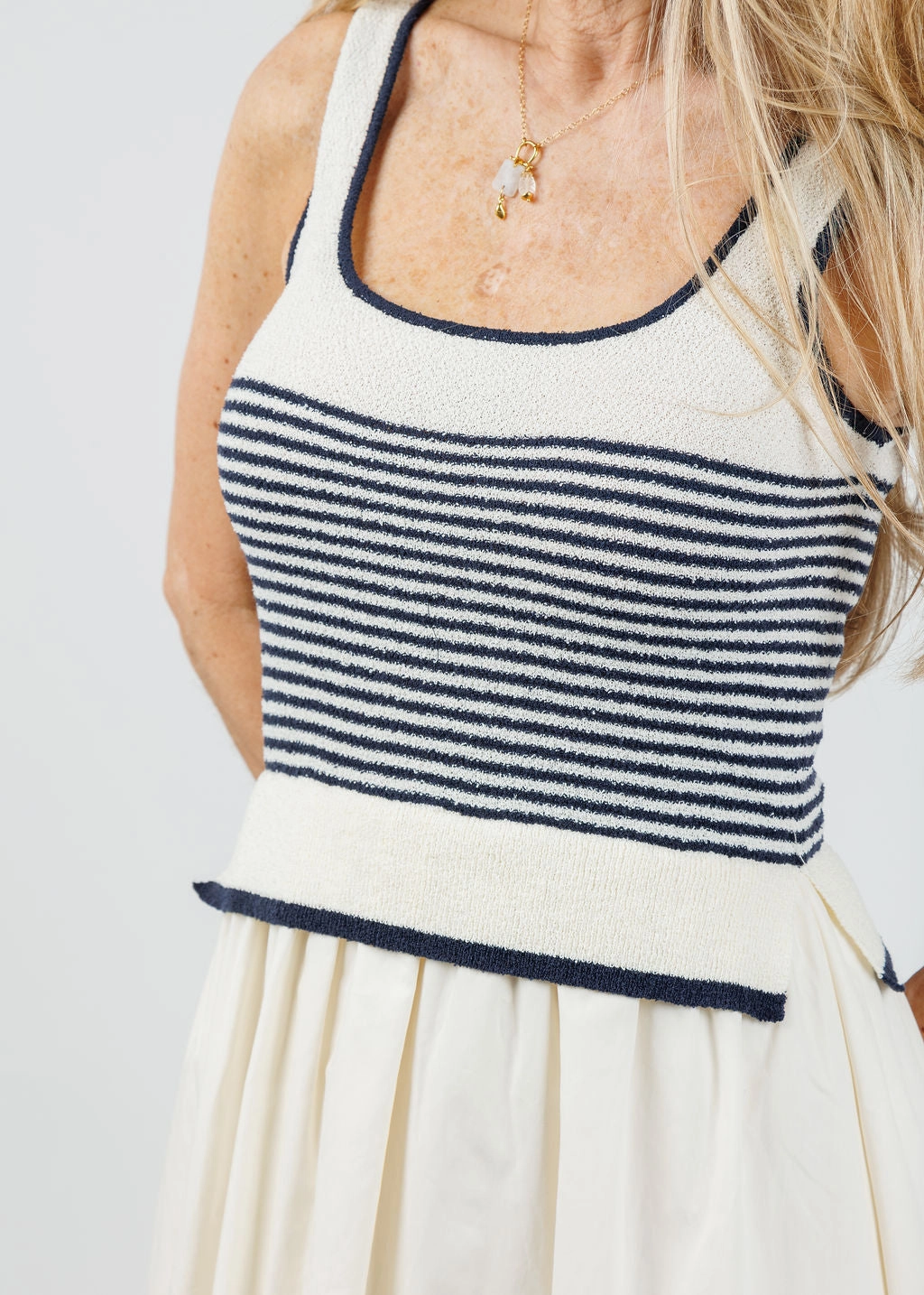 Cora Stripe Sweater Woven Skirt Dress - Navy Stream Cut Soft and Stylish