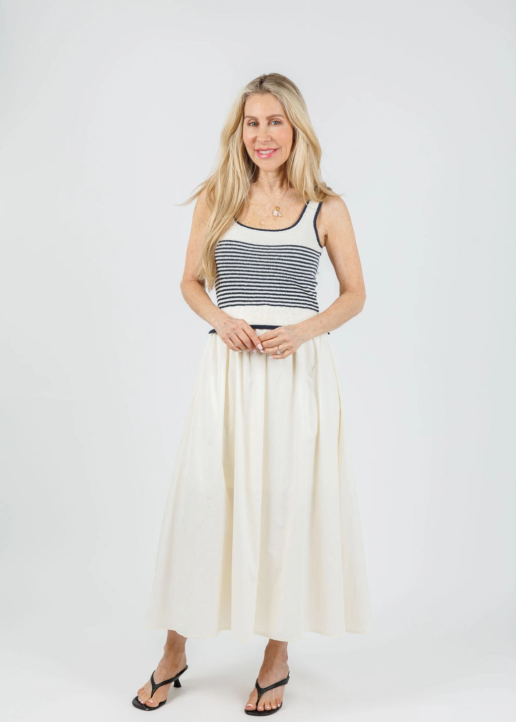 Slim Profile Tailoring Cora Stripe Sweater Woven Skirt Dress - Navy Breathable touch Versatile Layer