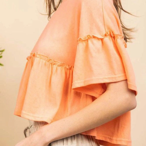 Coral Wide Ruffle Short Sleeved Shirt Stretch Technology