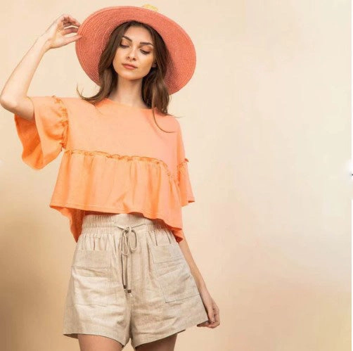 Coral Wide Ruffle Short Sleeved Shirt Ventilated Back Panel