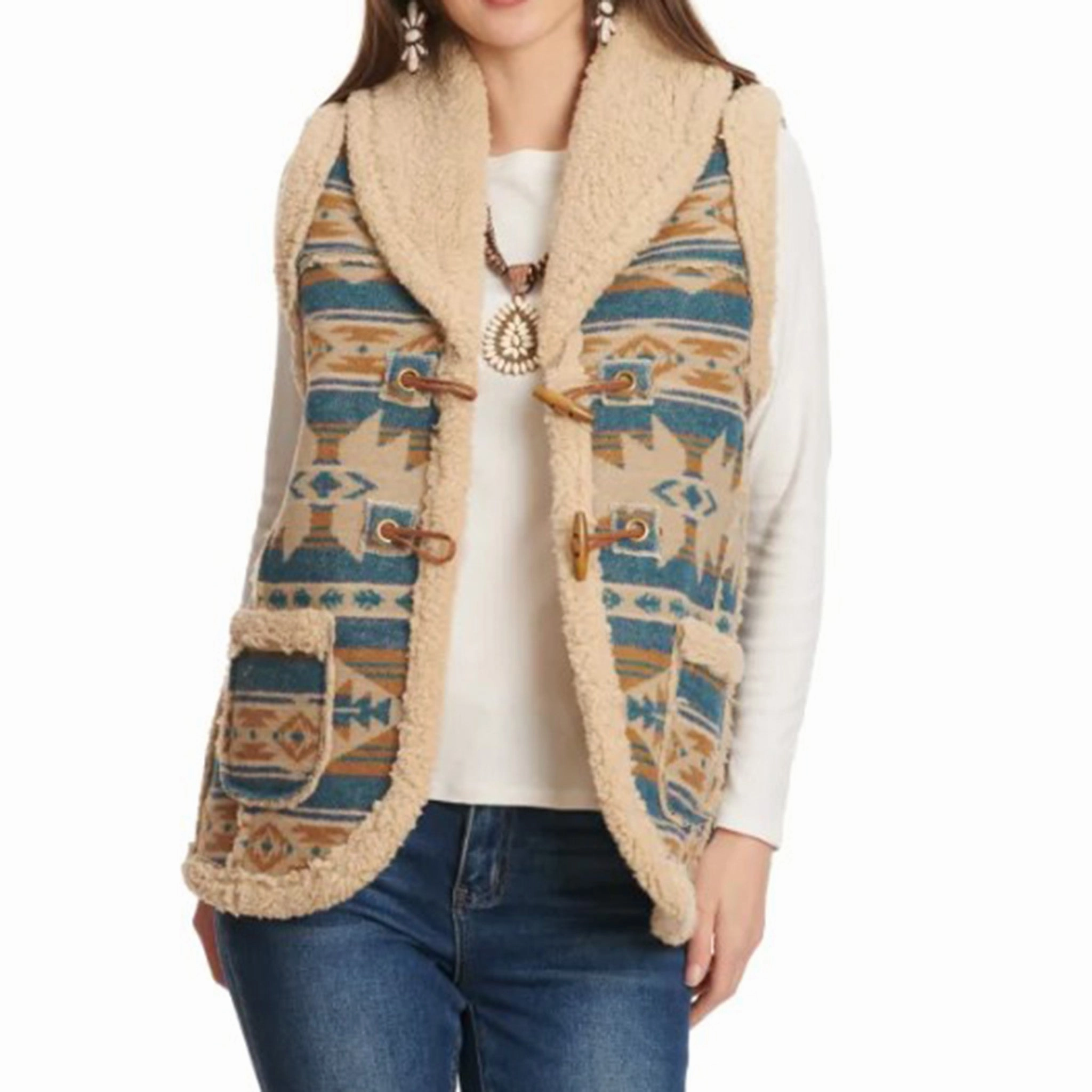 Relaxed City Style Cotton & Rye Women's Aztec Sherpa Vest