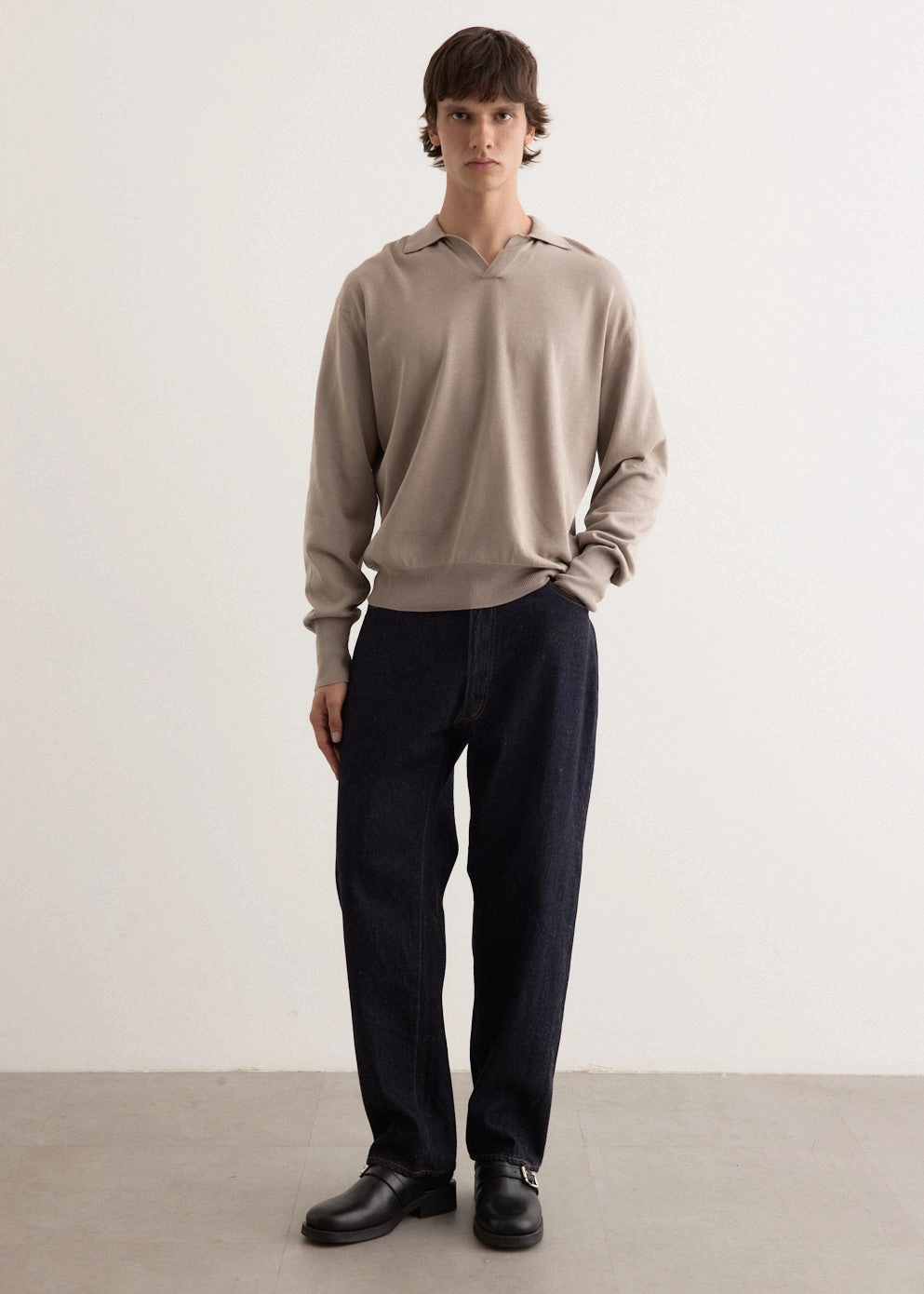 Neutral Toned Stitching Cotton Knit Skipper Shirt