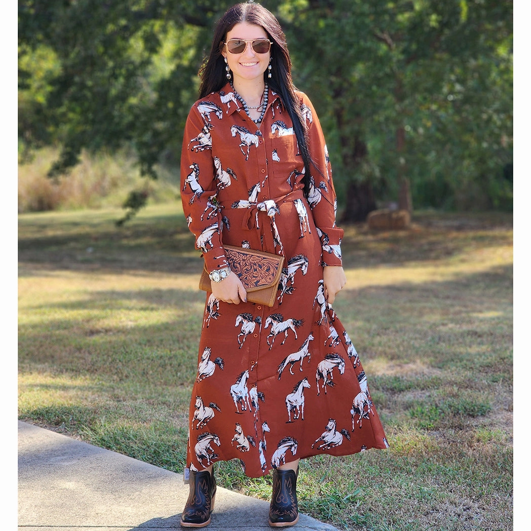Relaxed Style Wear Cotton Rye Women's Rust Horse Dress