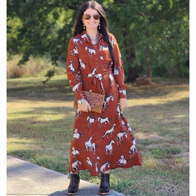Relaxed Style Wear Cotton Rye Women's Rust Horse Dress