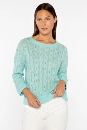 Colorfast Technology Perfect Fit 3 Quarter Sleeve Pointelle Cable Crew