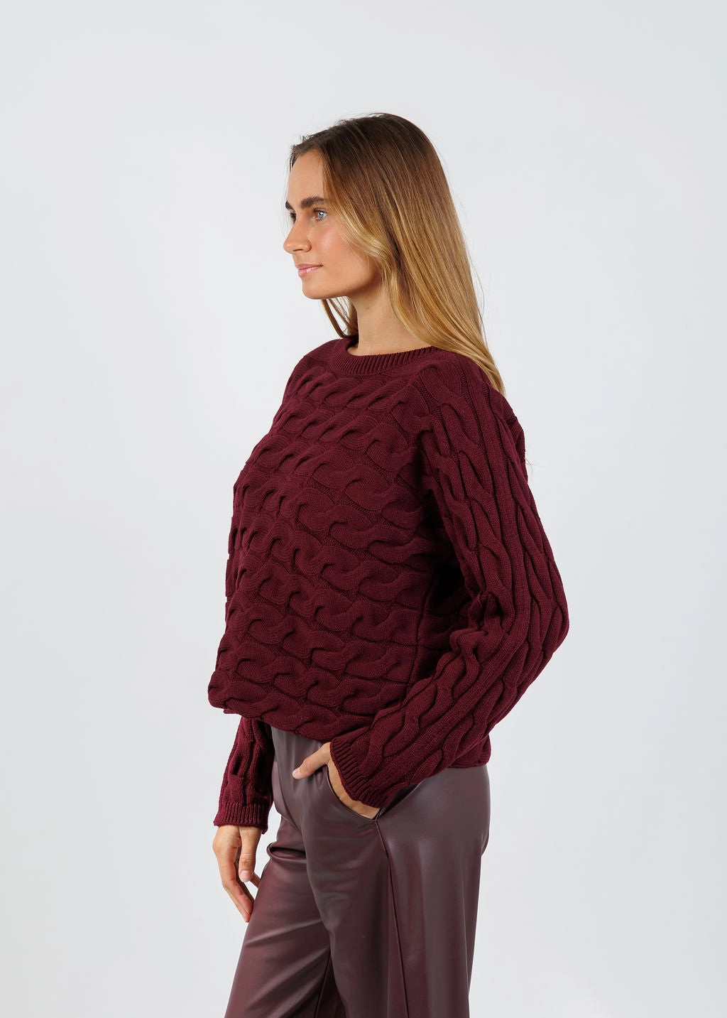 Layered Look Sirah Cable Crew Neck Pullover - Bramble Berry