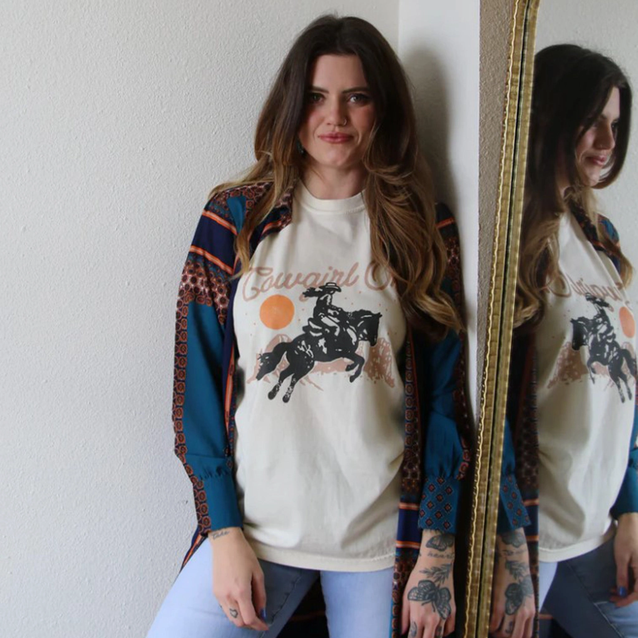 Button Down Collar Thermal Insulation Tech Crazy Consuela Cowgirl On Ivory Tee