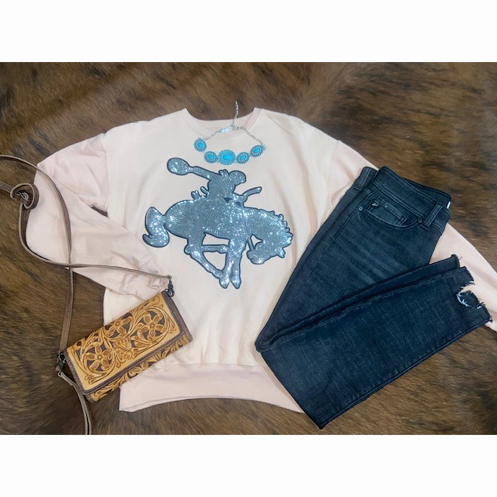 Oversized style Easy Layering Crazy Consuela Women's Peach & Silver Sequin Bronc Crewneck