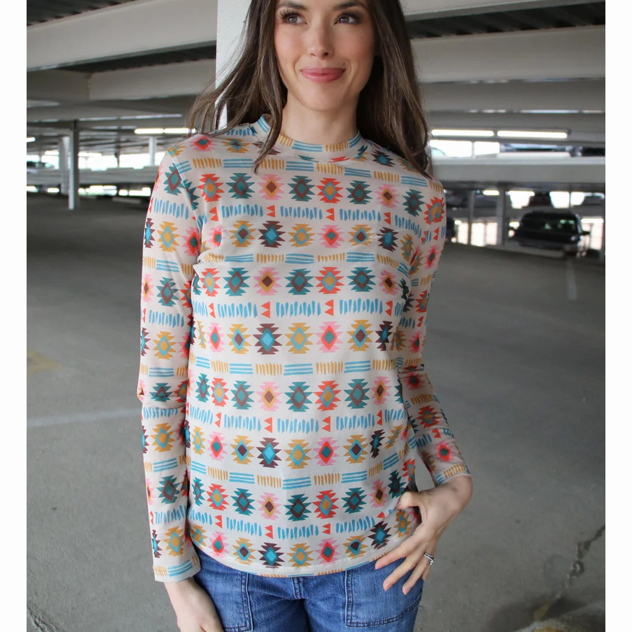 Crazy Consuela Women's Spring Aztec Mesh Long Sleeve Durable Reinforced Hem