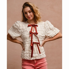 Brushed Interior Casual Blouse Cream Textured With Rust Bow Ties Short Sleeve