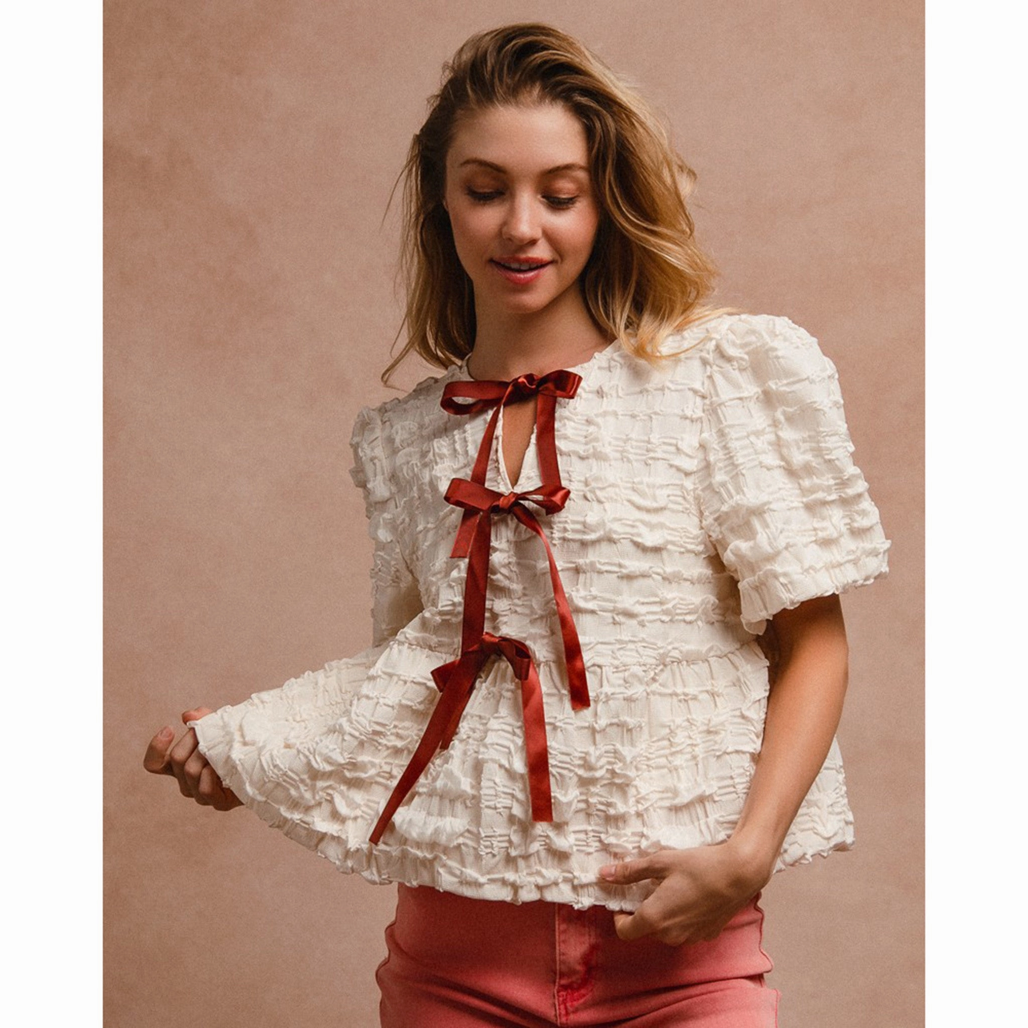 Ultrasoft Inner Lining Cream Textured With Rust Bow Ties Short Sleeve