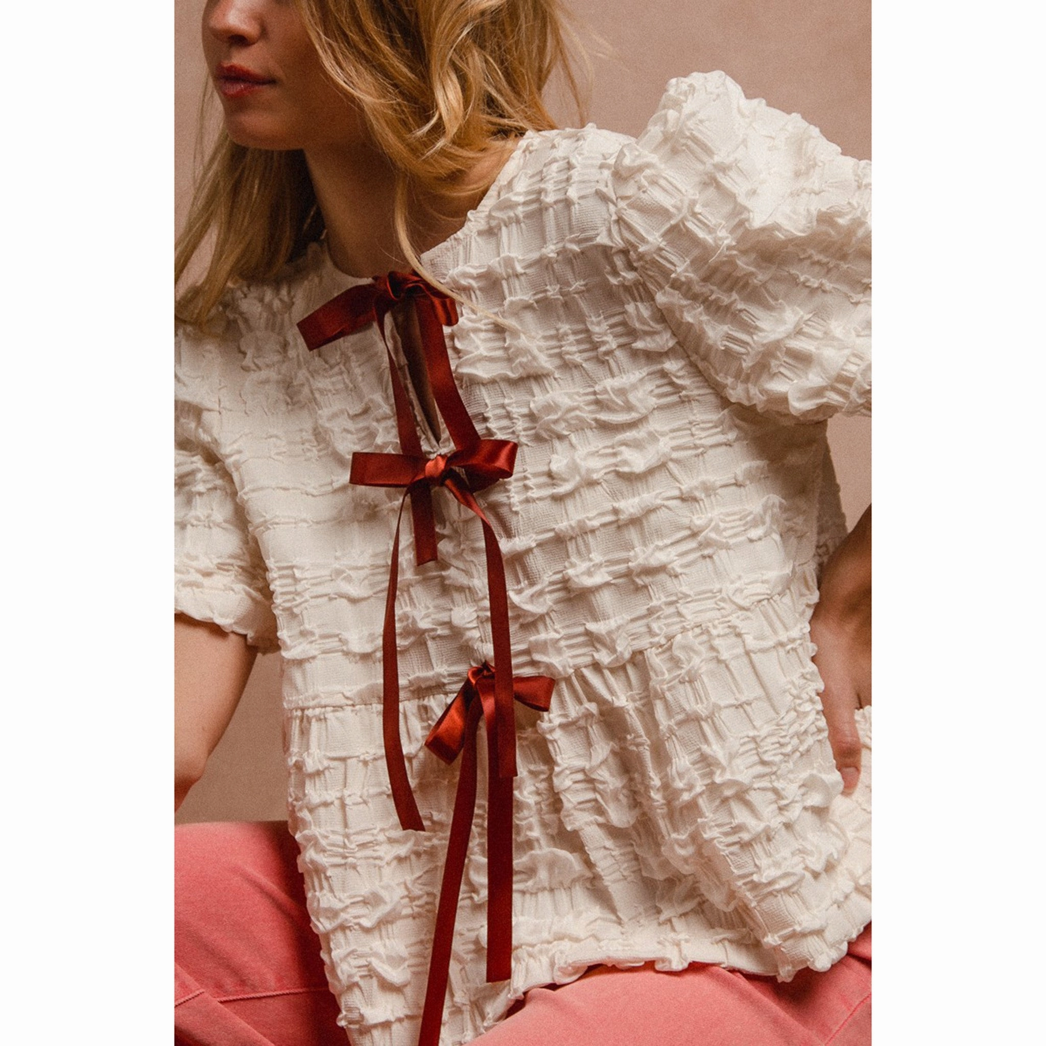 EcoFriendly Dye Printed Blouse Cream Textured With Rust Bow Ties Short Sleeve