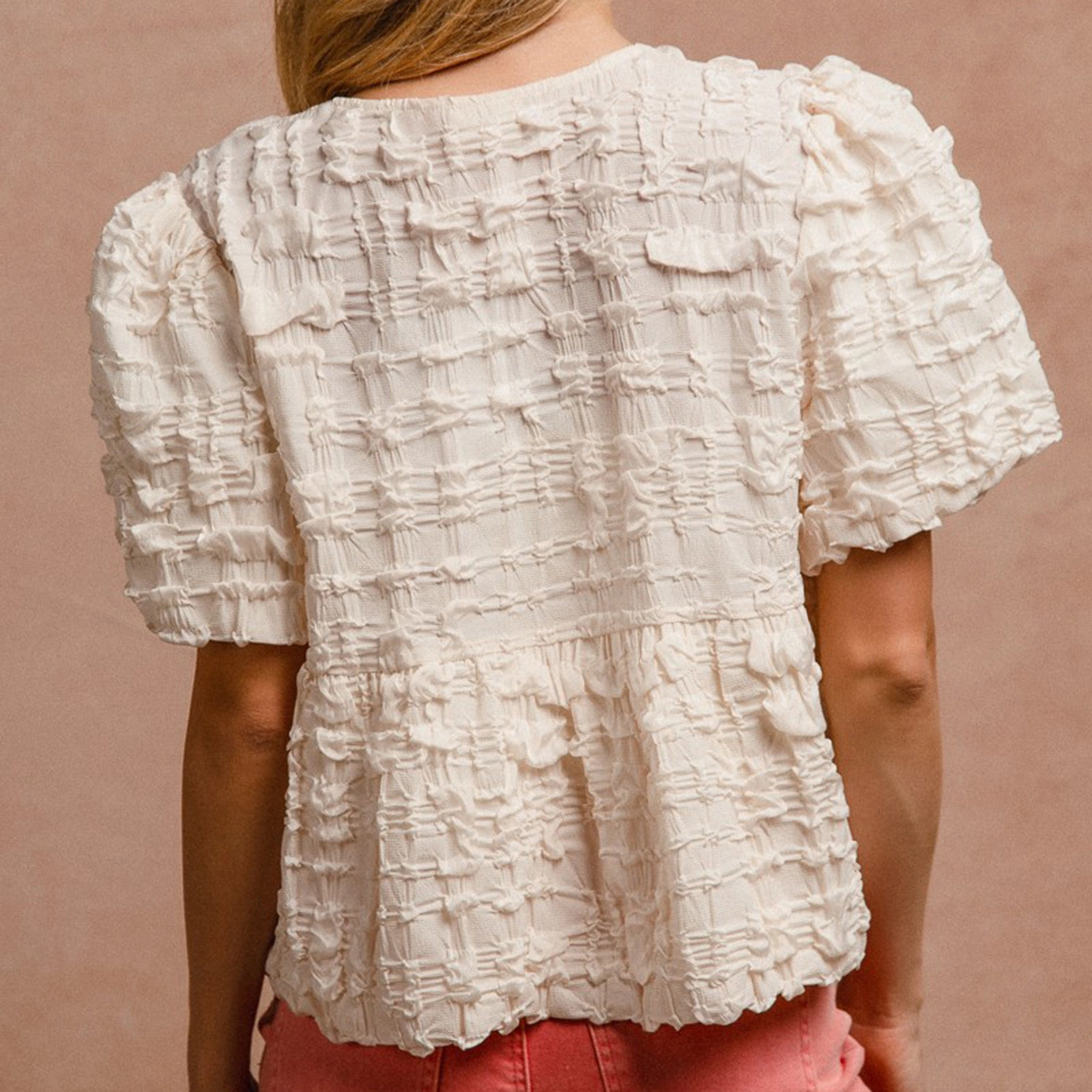 Minimalist Collar Cream Textured With Rust Bow Ties Short Sleeve