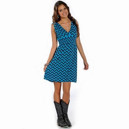Stylish Appeal Rock and Roll Cowgirl Turquoise & Black Chevron Dress