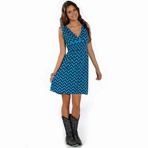 Rock and Roll Cowgirl Turquoise & Black Chevron Dress Quick Elegance