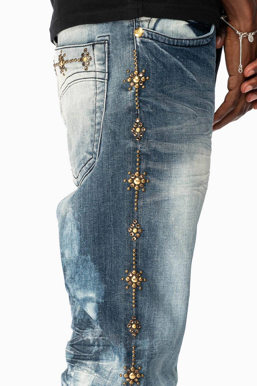 SKINNY MENS JEANS IN BLUE CLOUD JAPAN WITH GUNSLINGER CRYSTAL MOTIF Utility Style Relaxed Style Lightweight Durable