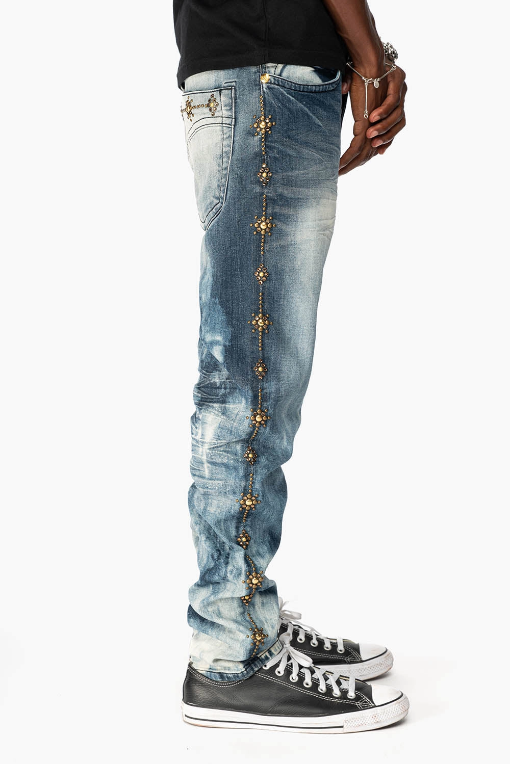 SKINNY MENS JEANS IN BLUE CLOUD JAPAN WITH GUNSLINGER CRYSTAL MOTIF Abrasion Resistant Fabric