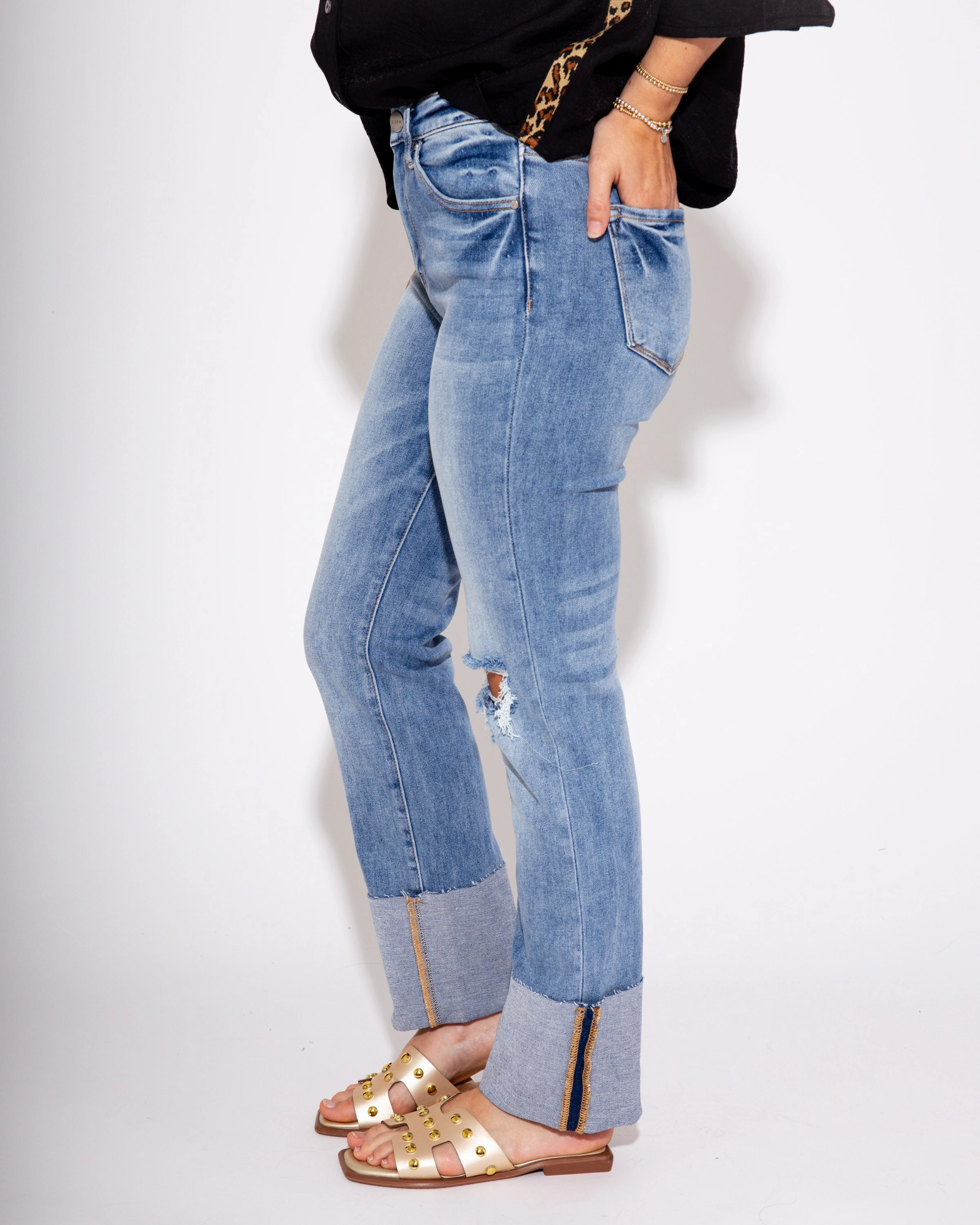 High Rise Ankle Straight Wide Cuffed Jeans in Medium Perfect Waistband
