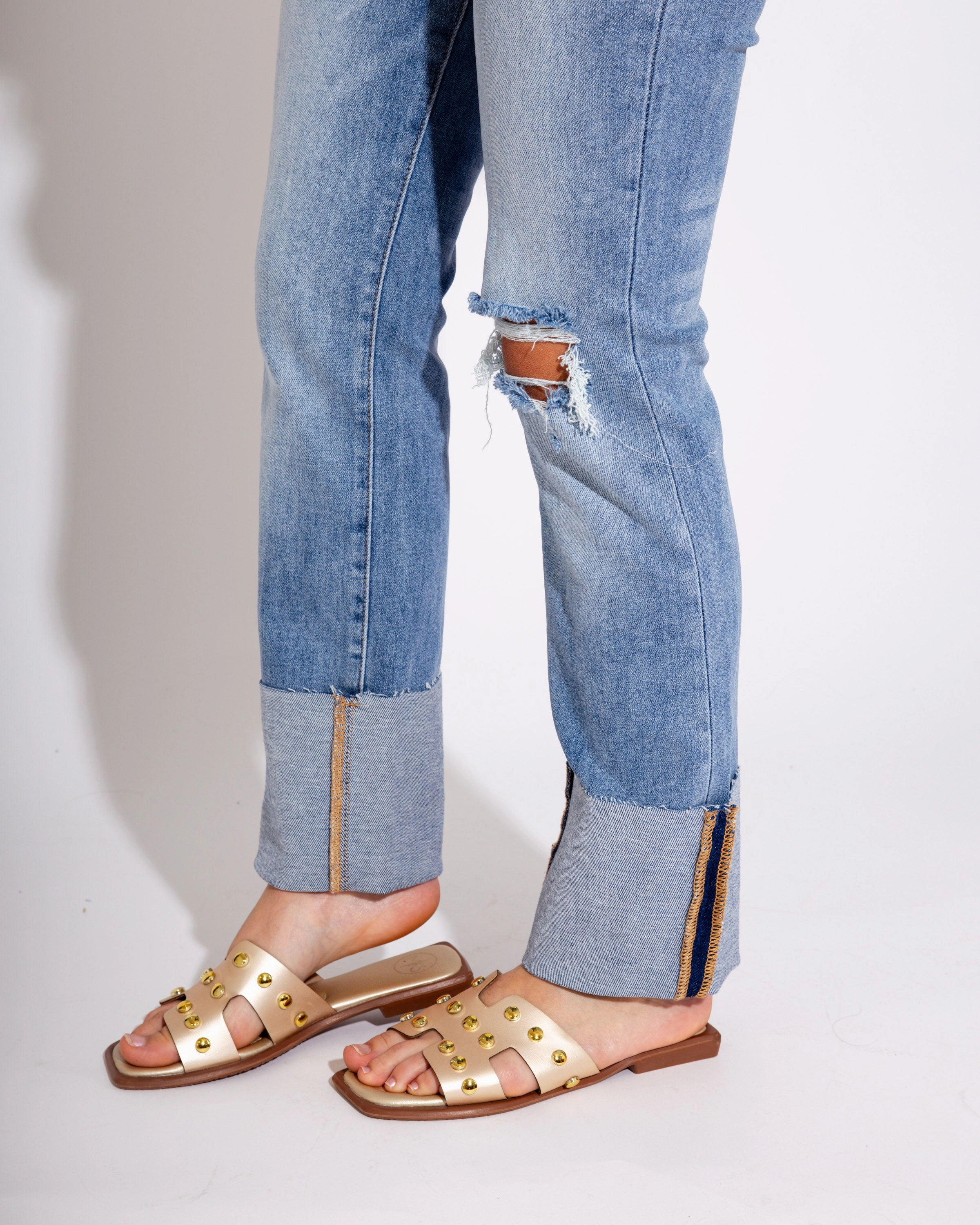 High Rise Ankle Straight Wide Cuffed Jeans in Medium Fashion Daily
