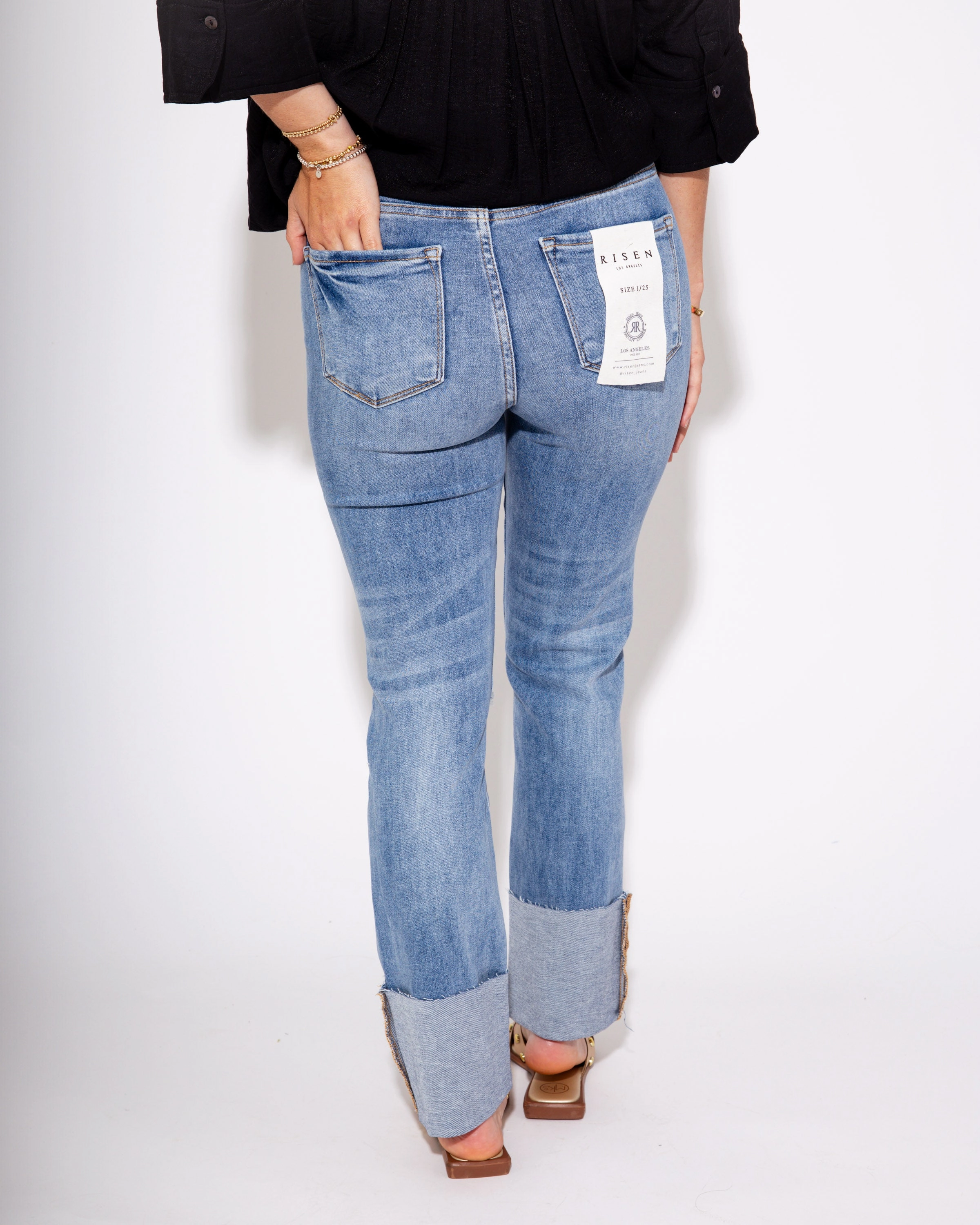 High Rise Ankle Straight Wide Cuffed Jeans in Medium Total Fit