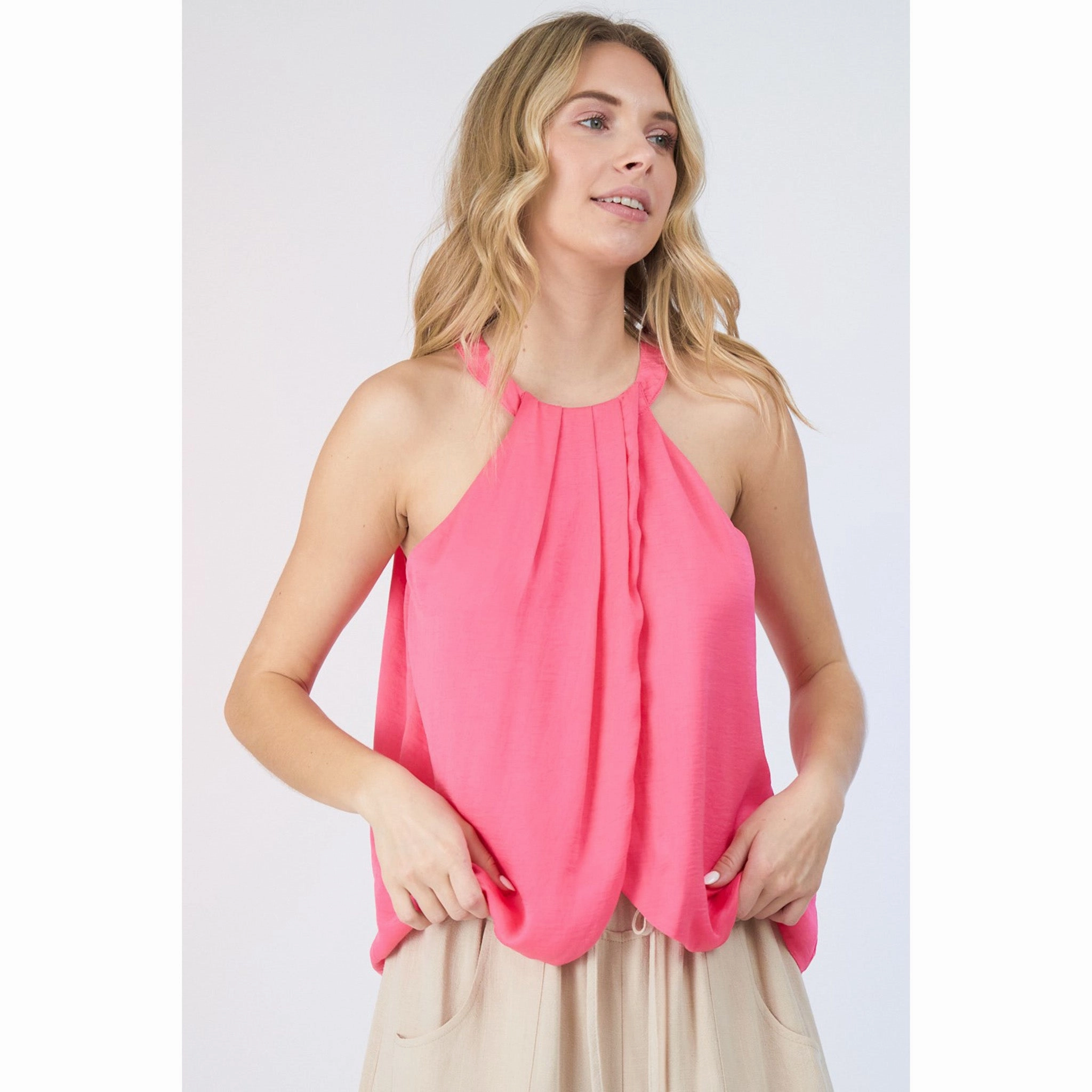 Durable Hem Stitching Women's Solid Pleated Halter Tank