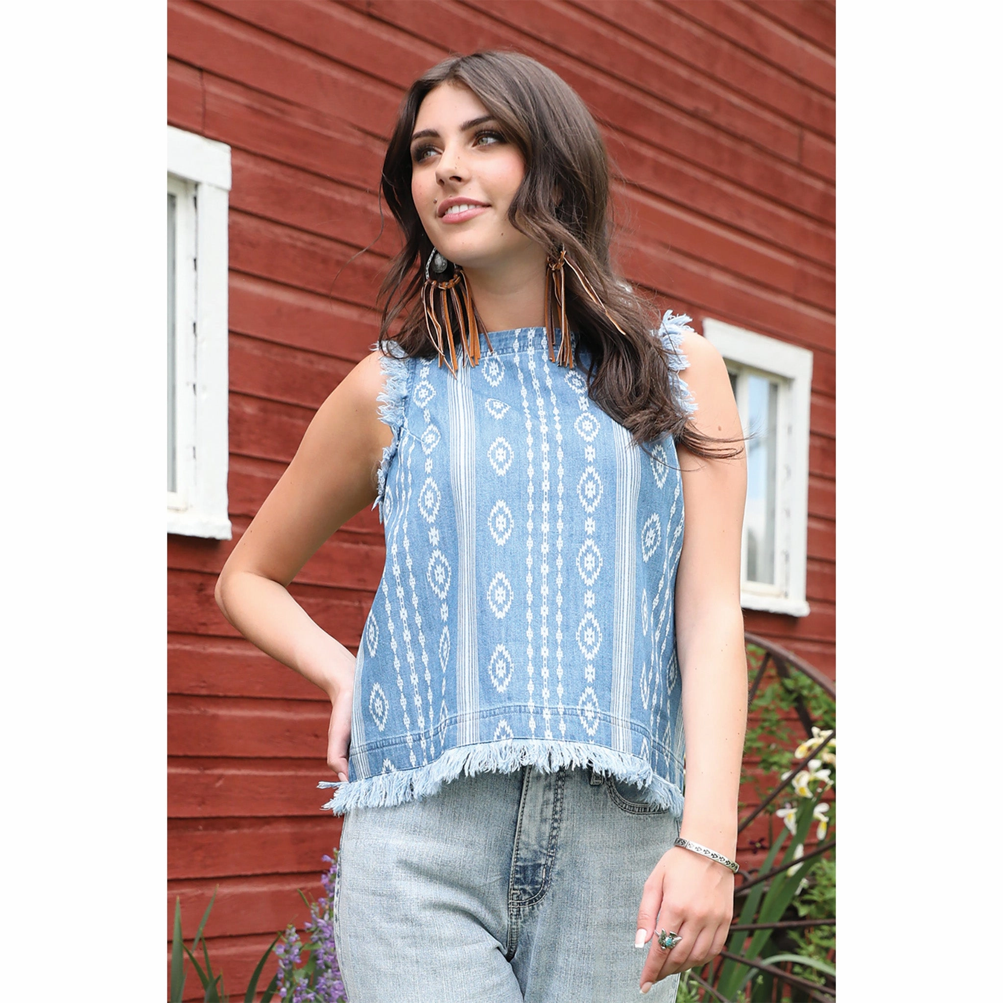 Cruel Denim Chambray/Aztec Button Back Tank Top Ethically Sourced Yarn FlexibleCuff