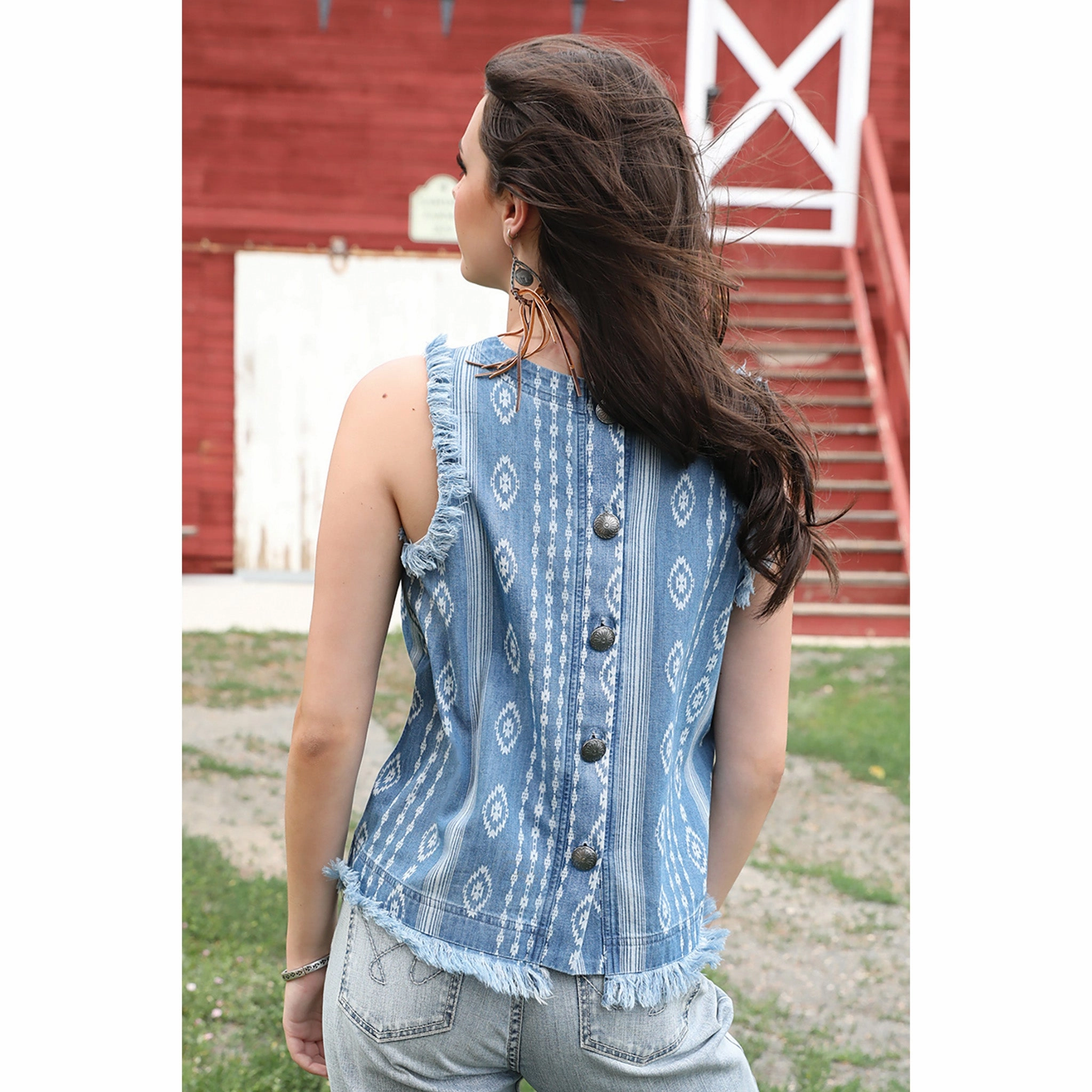 Layered Collar Structure Cruel Denim Chambray/Aztec Button Back Tank Top
