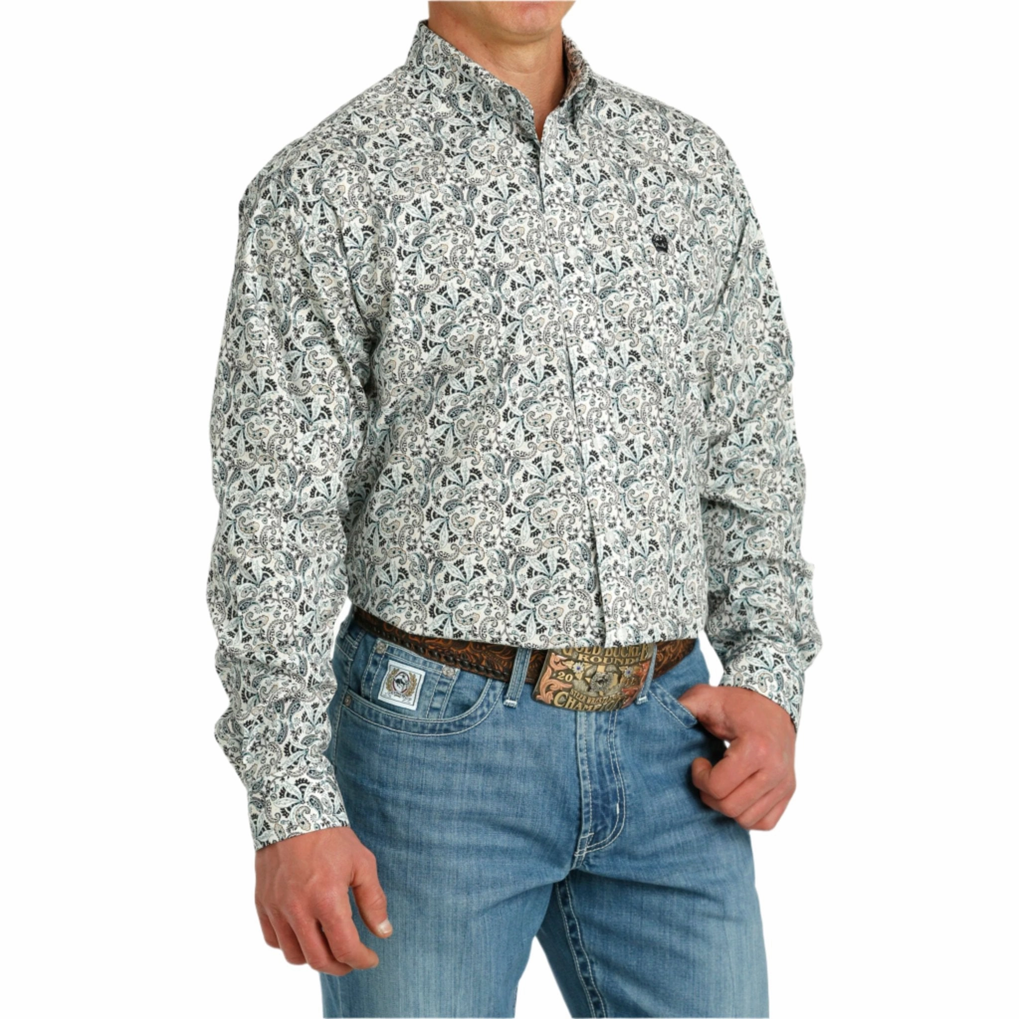 Anti Pill Technology Smooth Texture Cinch Men's White & Green Paisley Long Sleeve