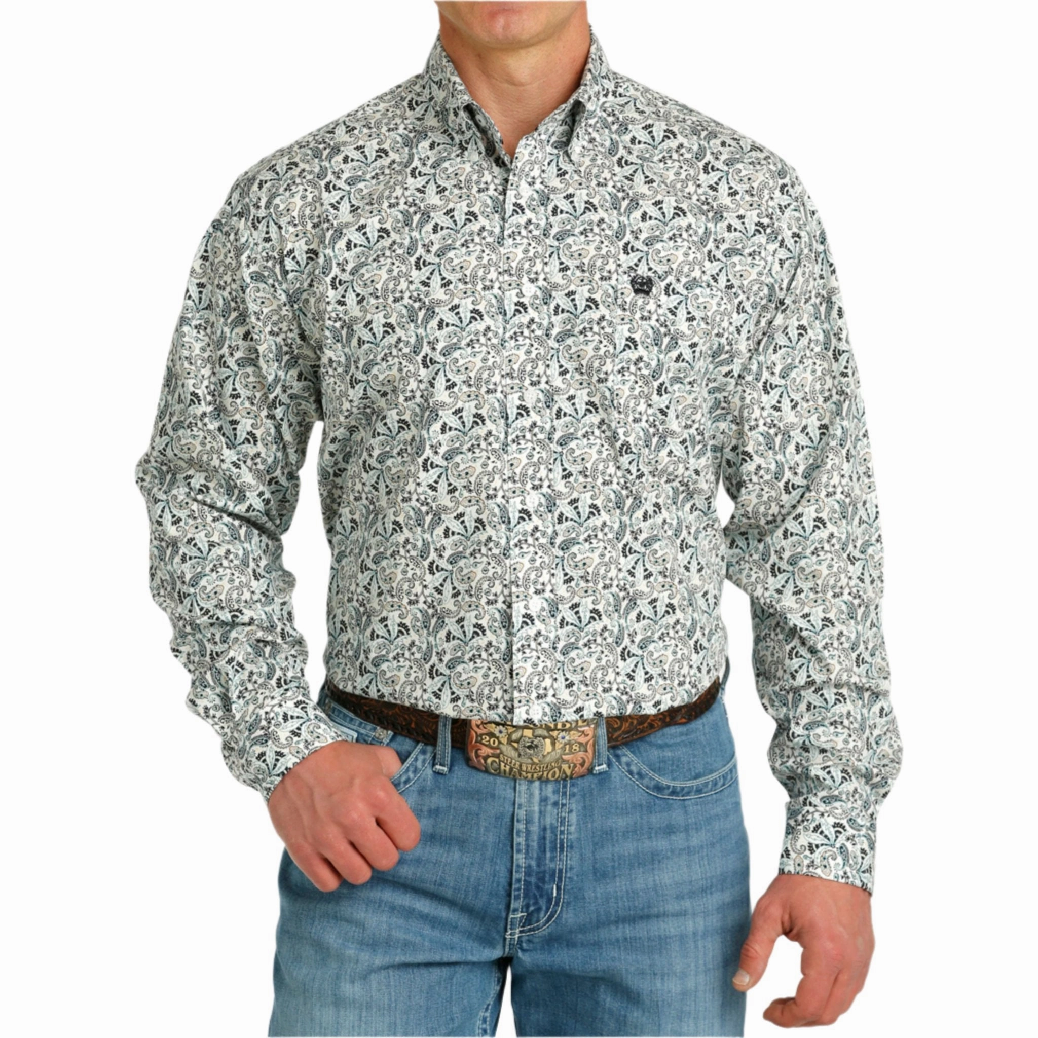 Cinch Men's White & Green Paisley Long Sleeve Breathable Lining Printed design