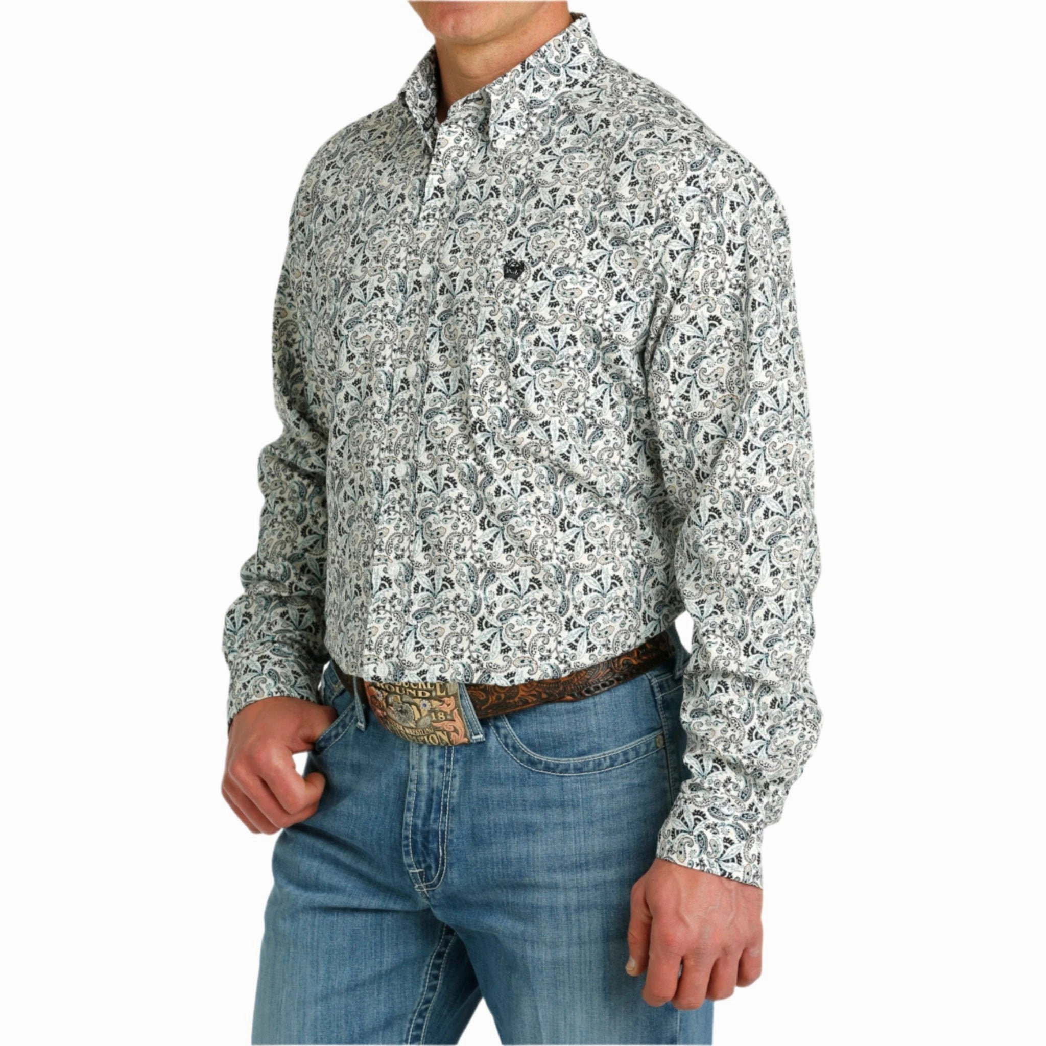 Cinch Men's White & Green Paisley Long Sleeve Easy Comfort Easy Care Material