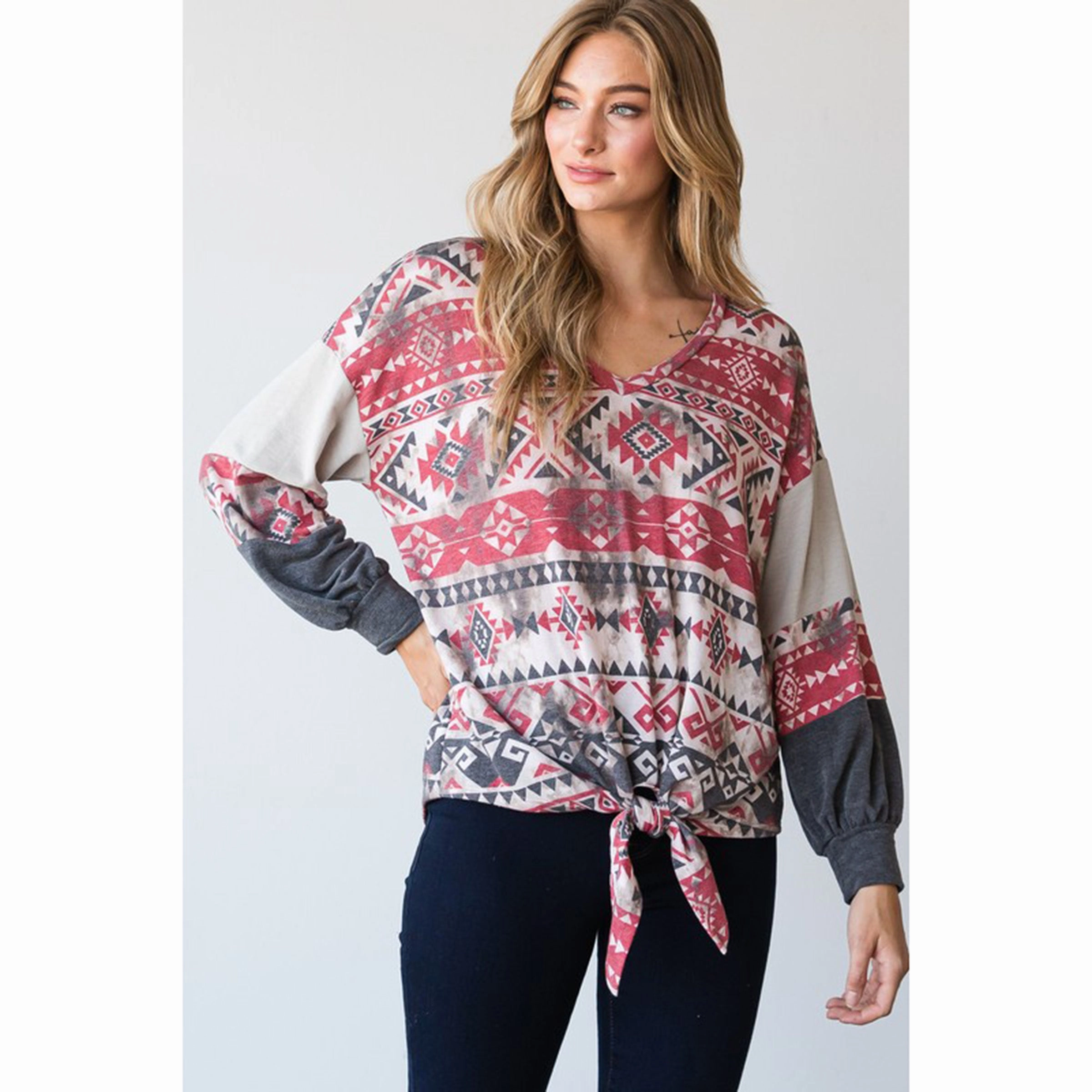 Fade Resistant Finish Water resistant coating CY Fashion Women's Aztec Color Block Long Sleeve Top
