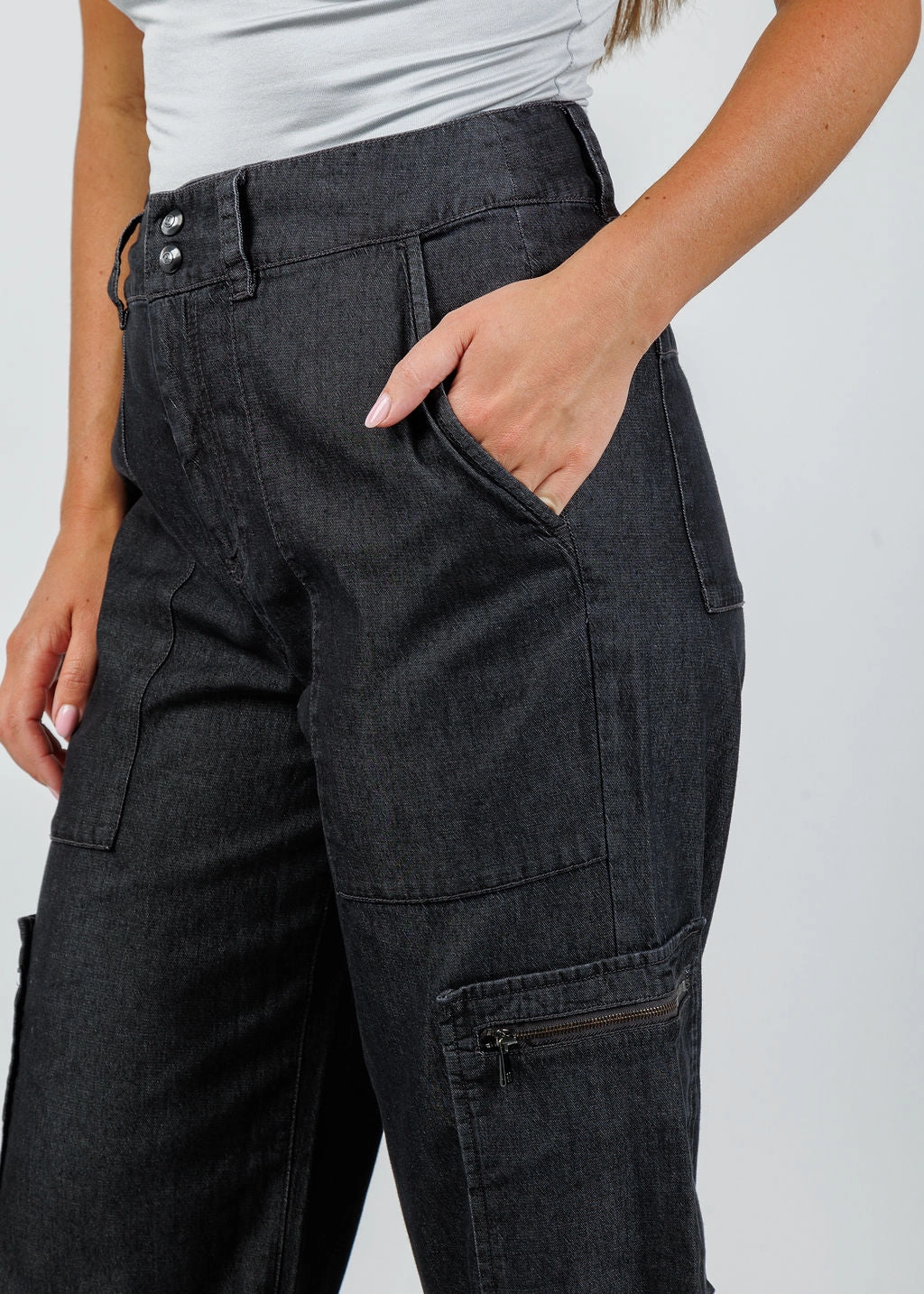 Danni Denim Cargo Pants - Black Wash Breathable activewear Clean Finish